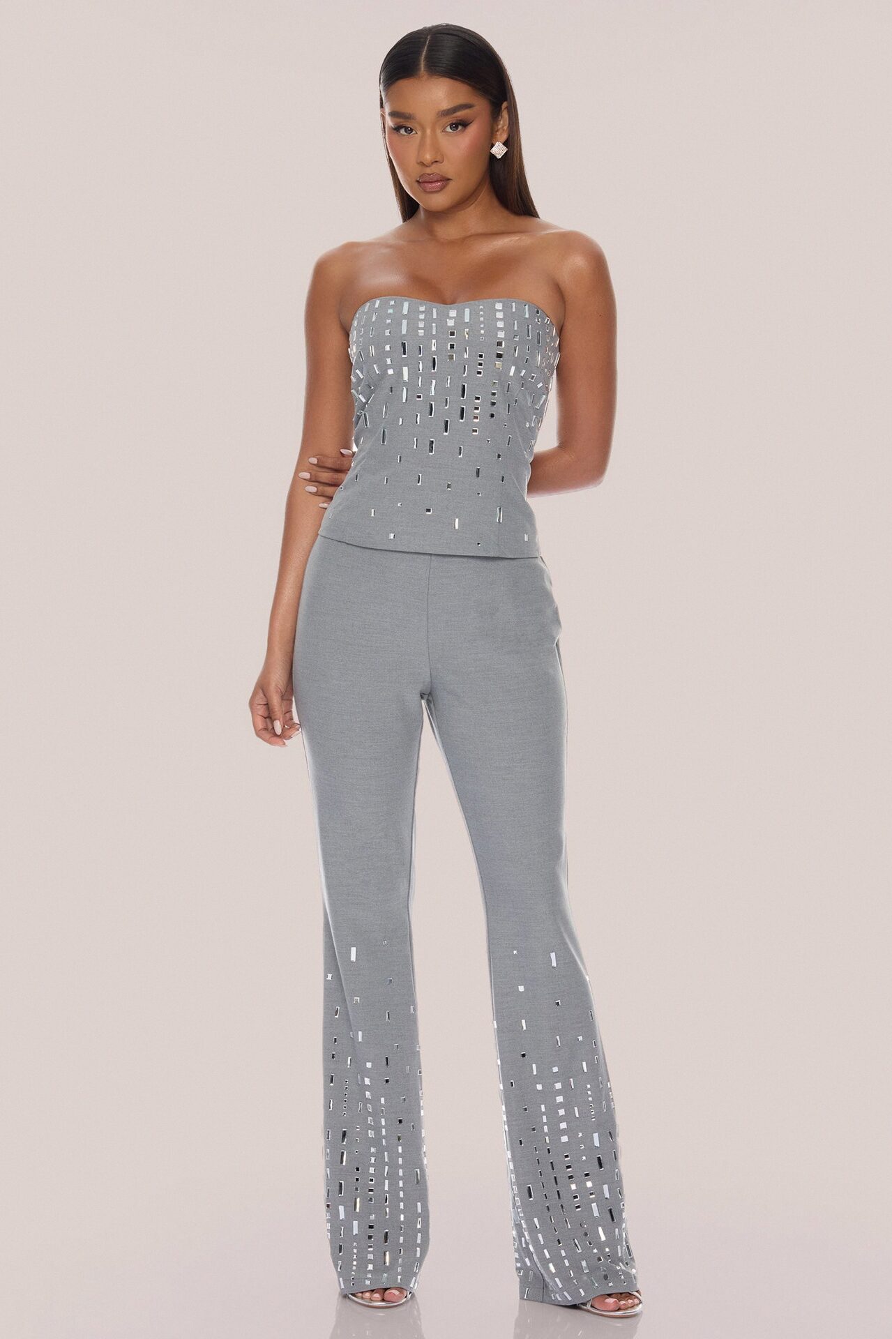 Standout Moment Rhinestone Pant Set - Grey