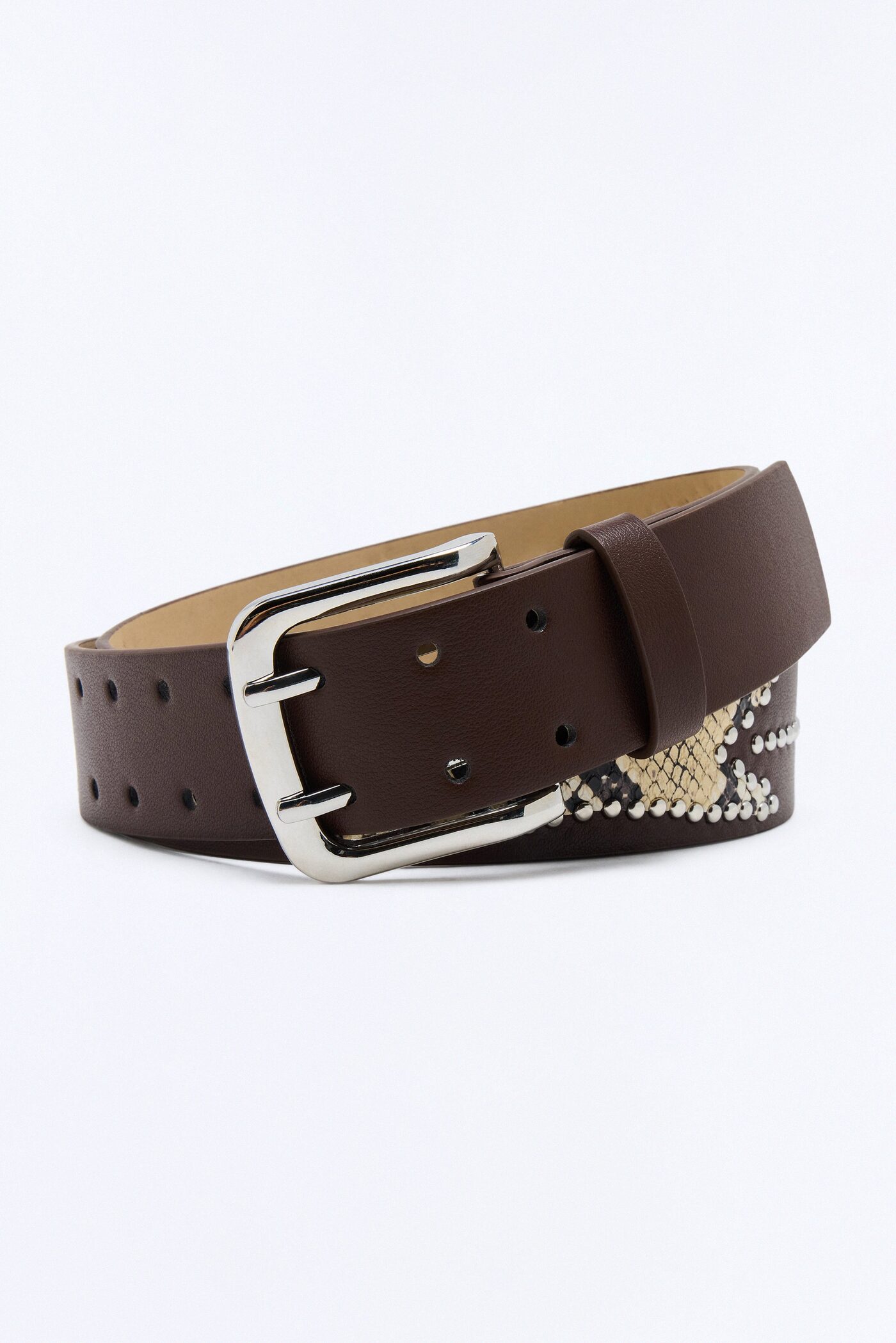 Faux Leather Contrast Cut Out Studded Buckle Belt - Brown