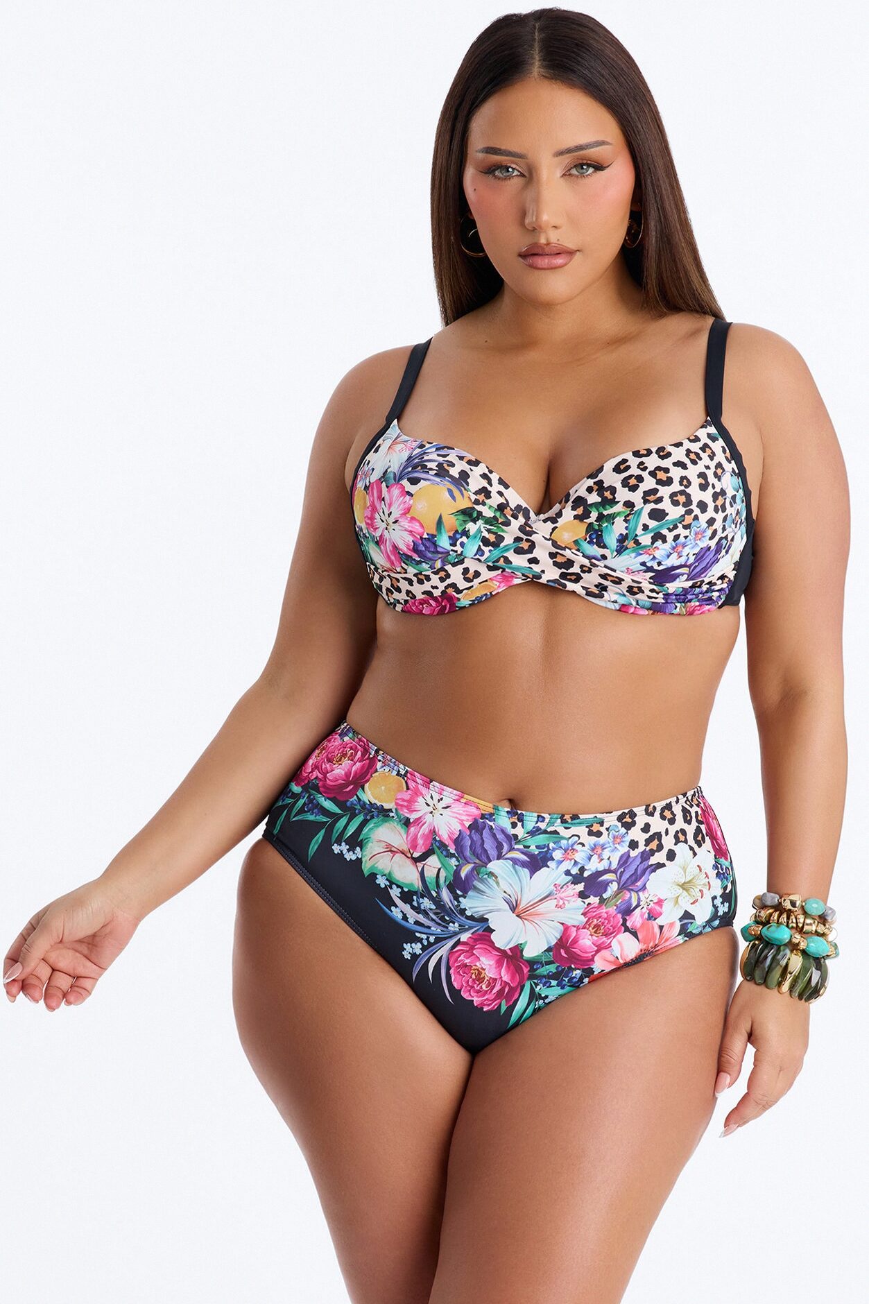 She's Roaring 2 Piece Floral Leopard Bralette Bikini & High Waisted Bottom Set - Leopard