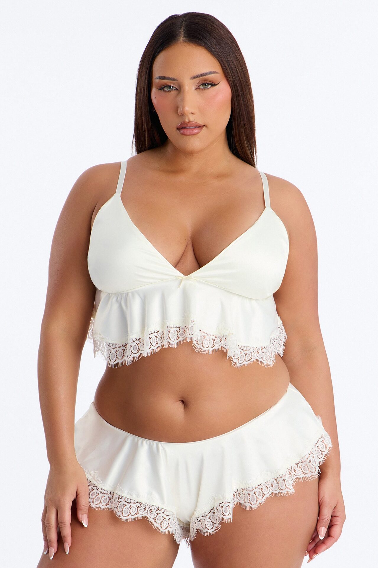 Ways To Get Me Satin Lace Trim Flowy 2 Piece Set - Pearl