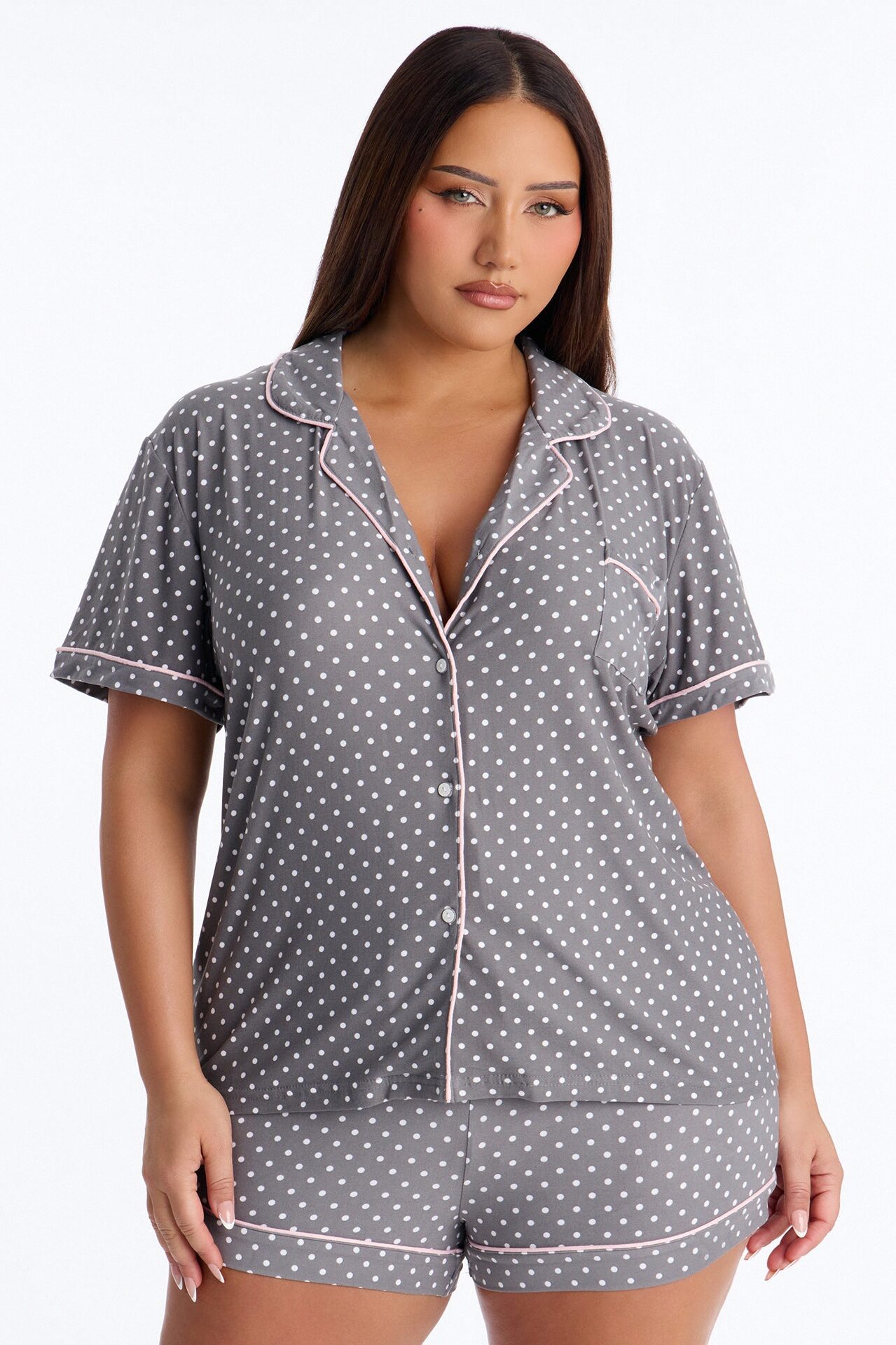 Pretty In Polka Dots 2pc PJ Short Set - Grey/combo