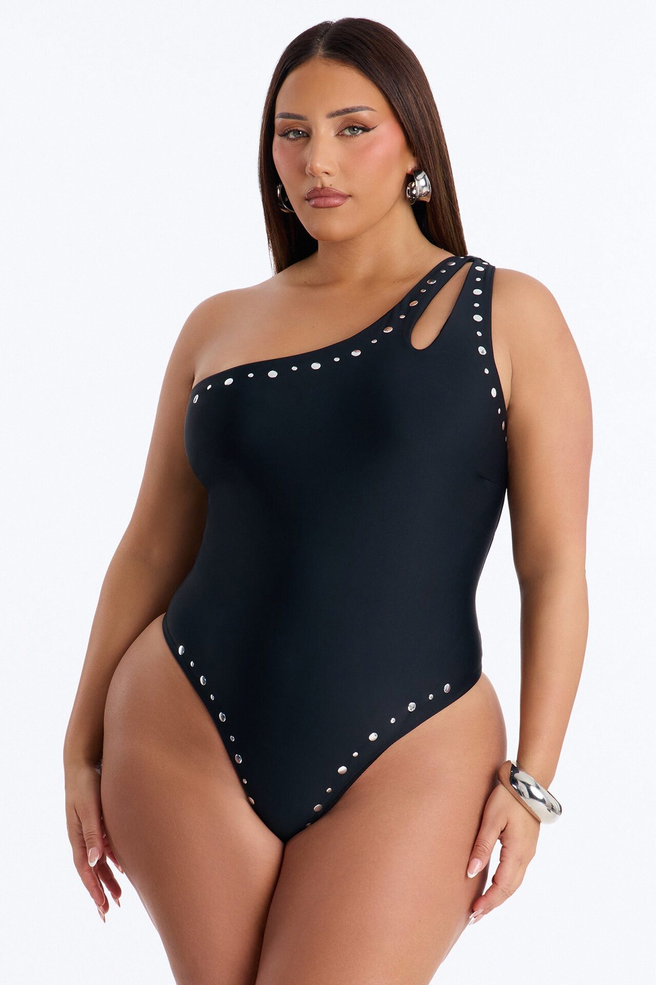 Whiskey And Waves Studded Asymmetrical Lace Up 1 Piece Swimsuit - Black