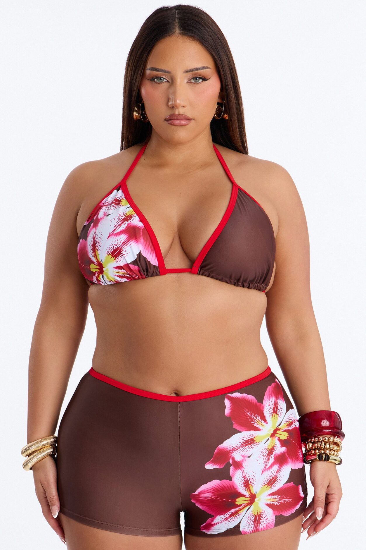 Mira Floral 2 Piece Triangle Bikini & Boyshort Swim Bottom Set - Brown/combo