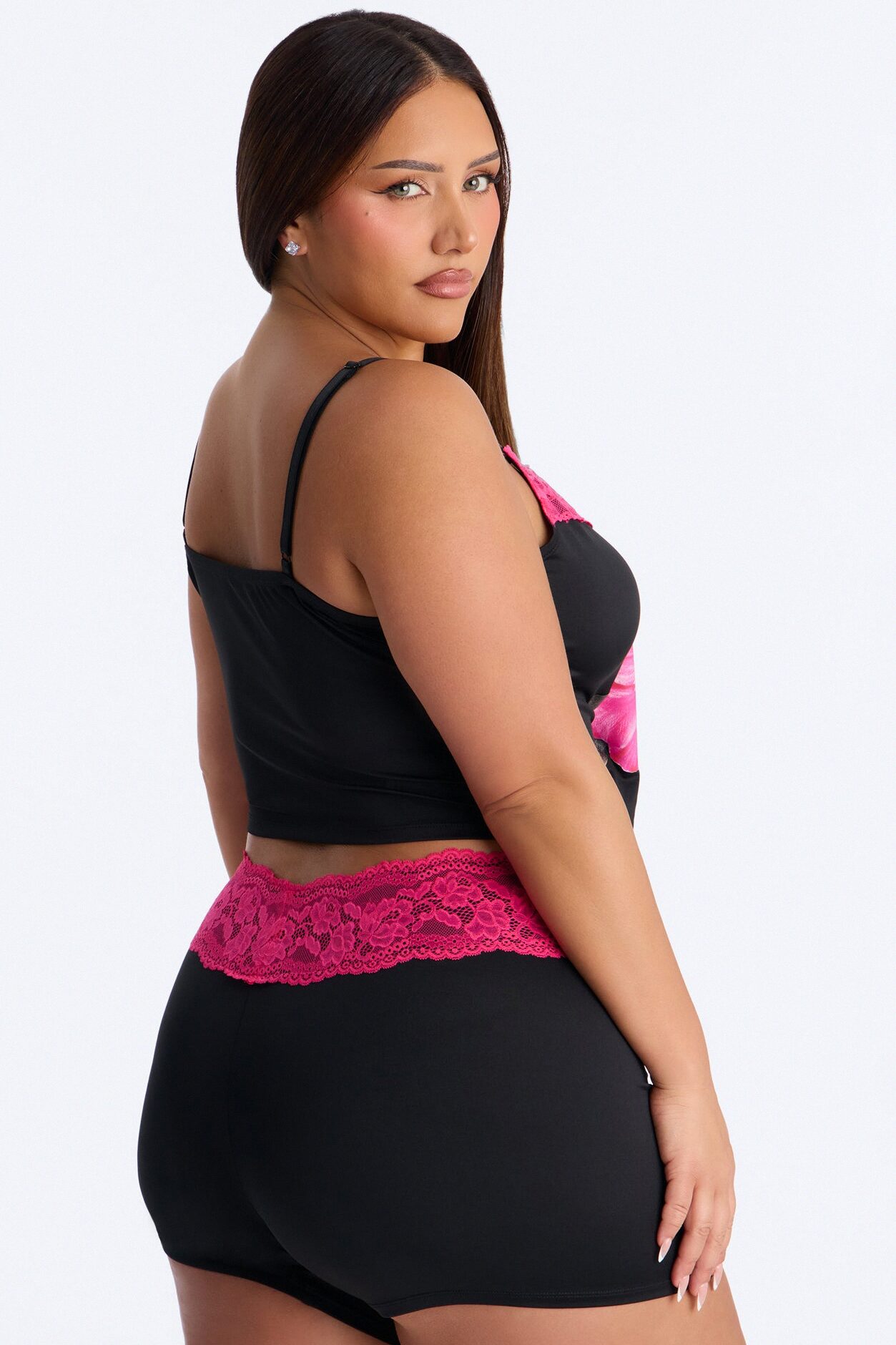 All With Me Floral Lace Trim 2 Piece PJ Set - Black/Pink