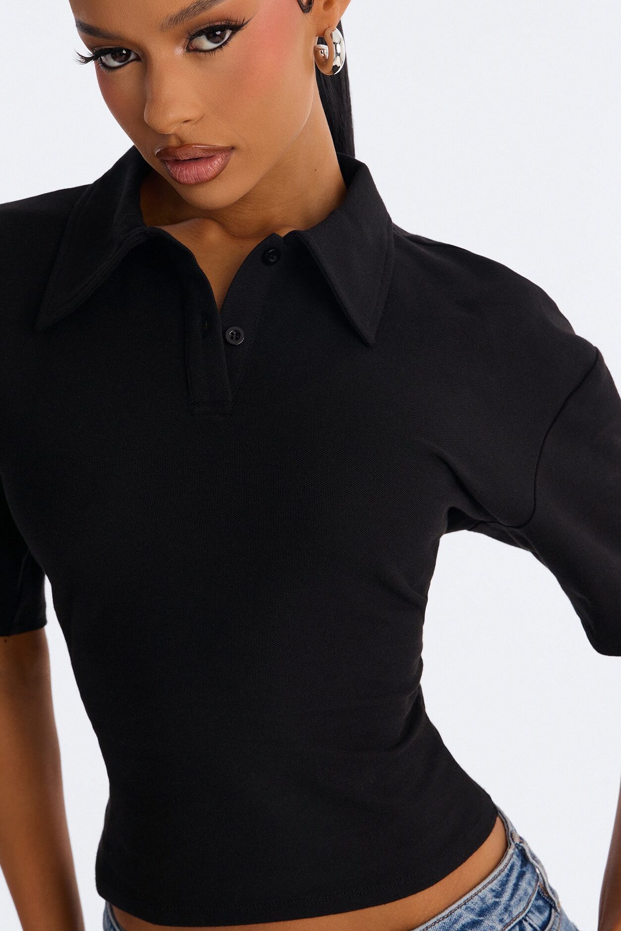 Street Serve Cinched Short Sleeve Polo Top - Black