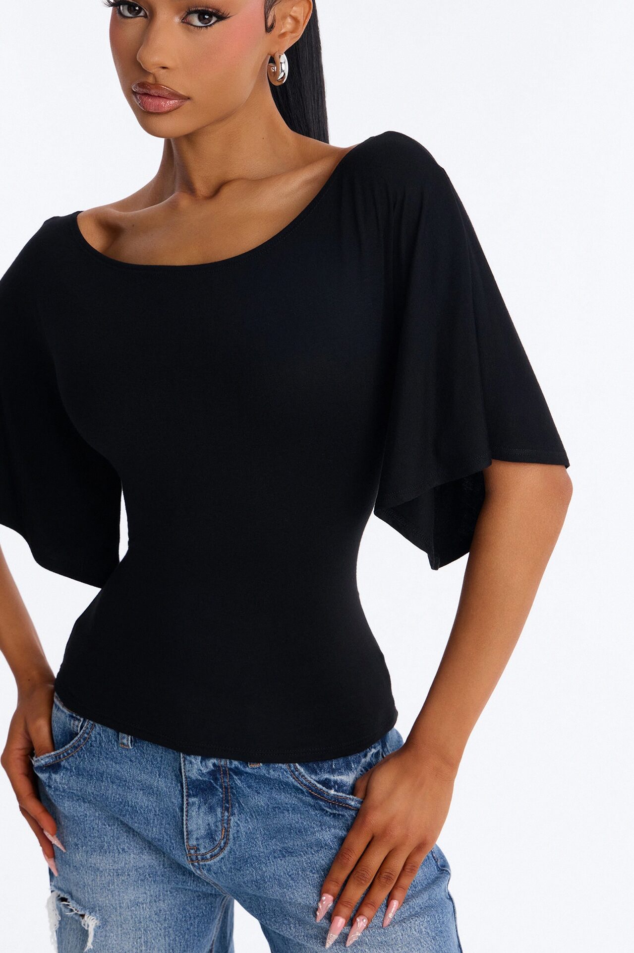 Nicolette Tie Waist Short Sleeve Top - Black