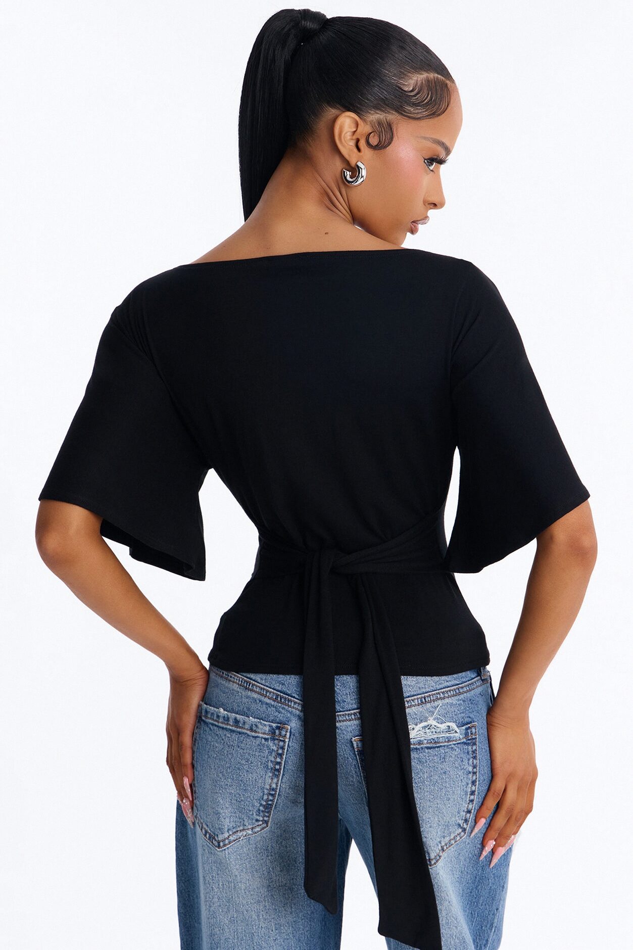 Nicolette Tie Waist Short Sleeve Top - Black