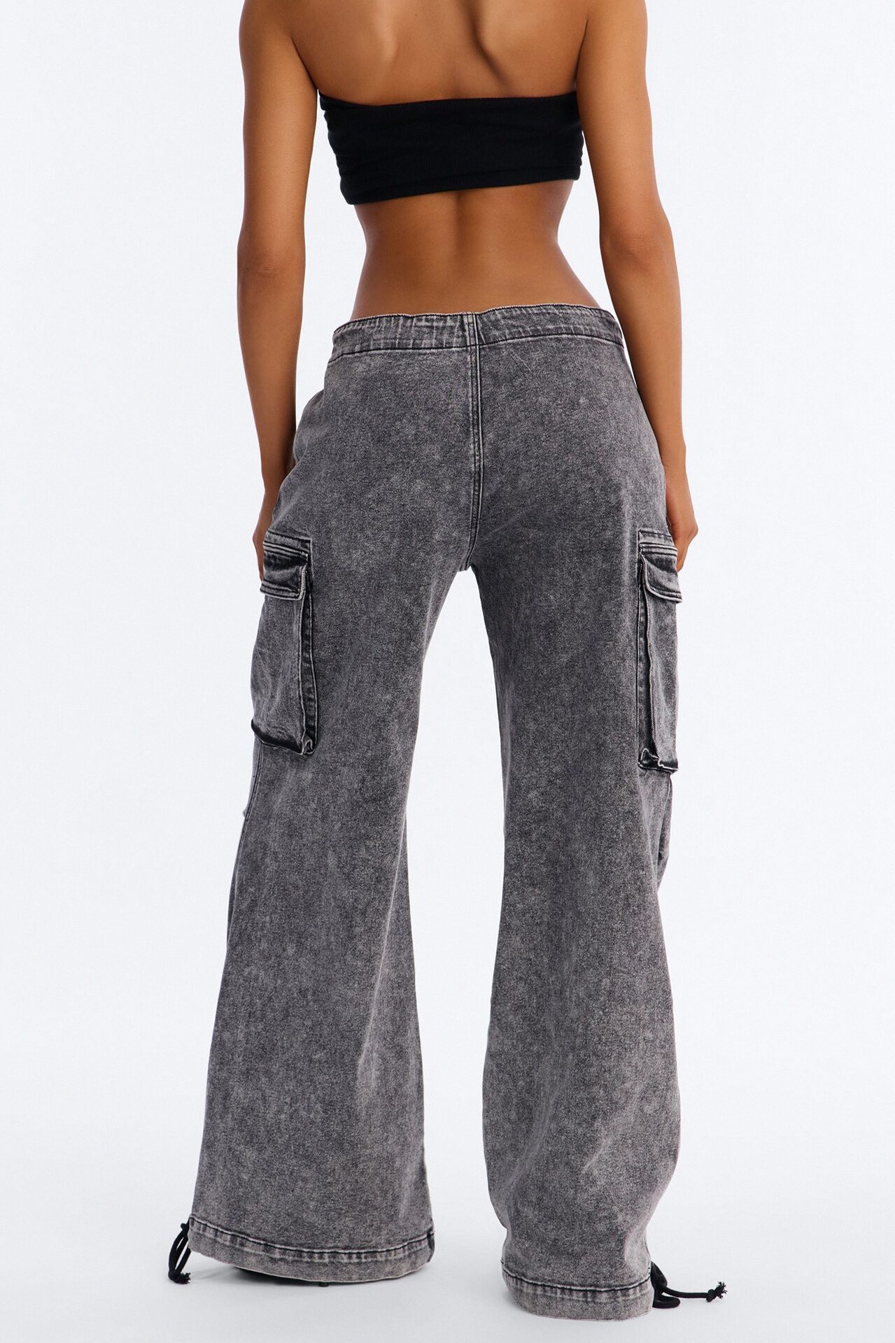 Locked In Tie Waist Stretch Cargo Jeans - Black Wash