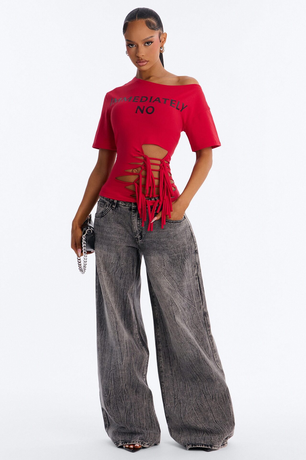 Immediately No Off Shoulder Fitted Tee - Red