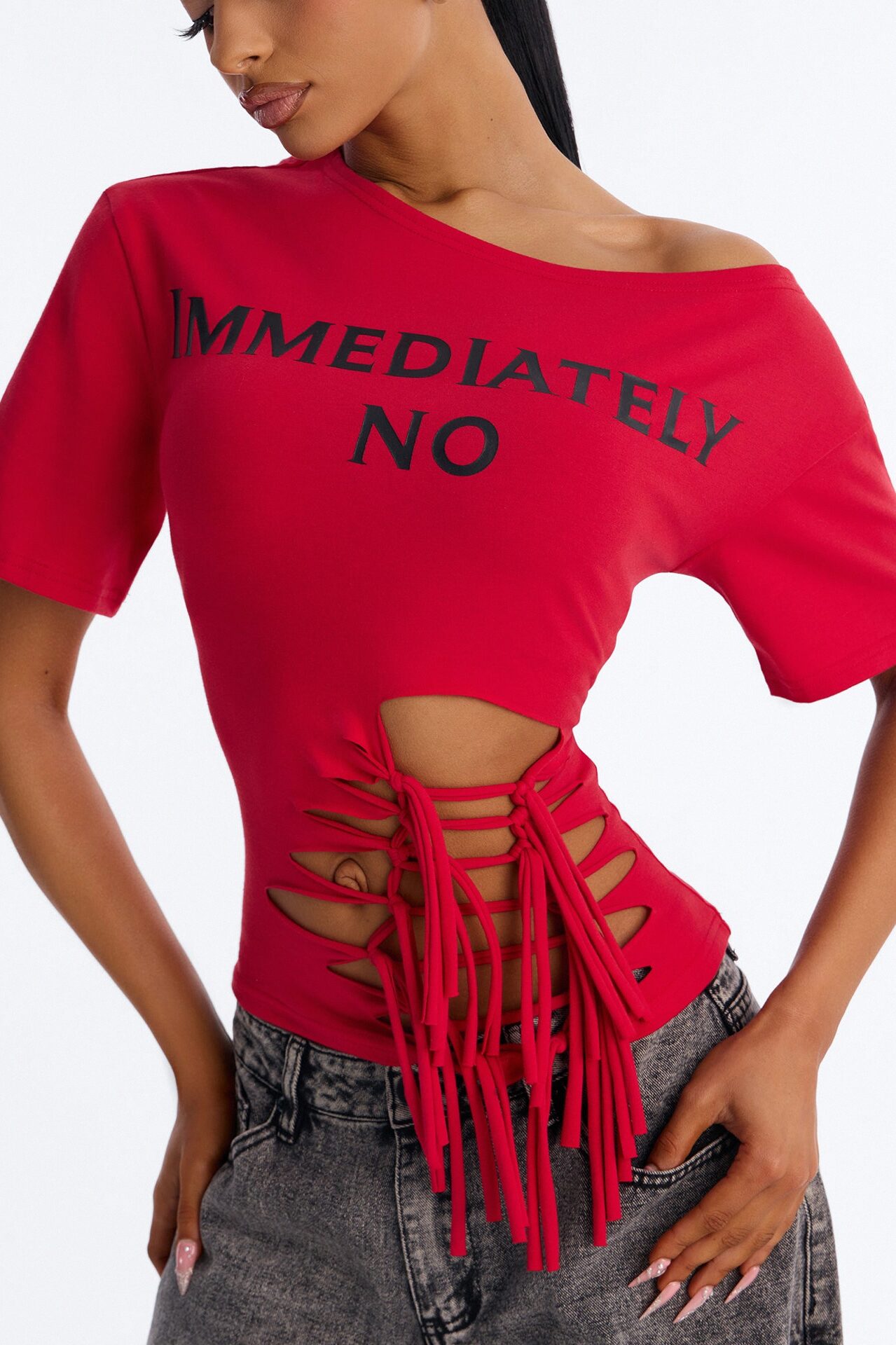 Immediately No Off Shoulder Fitted Tee - Red