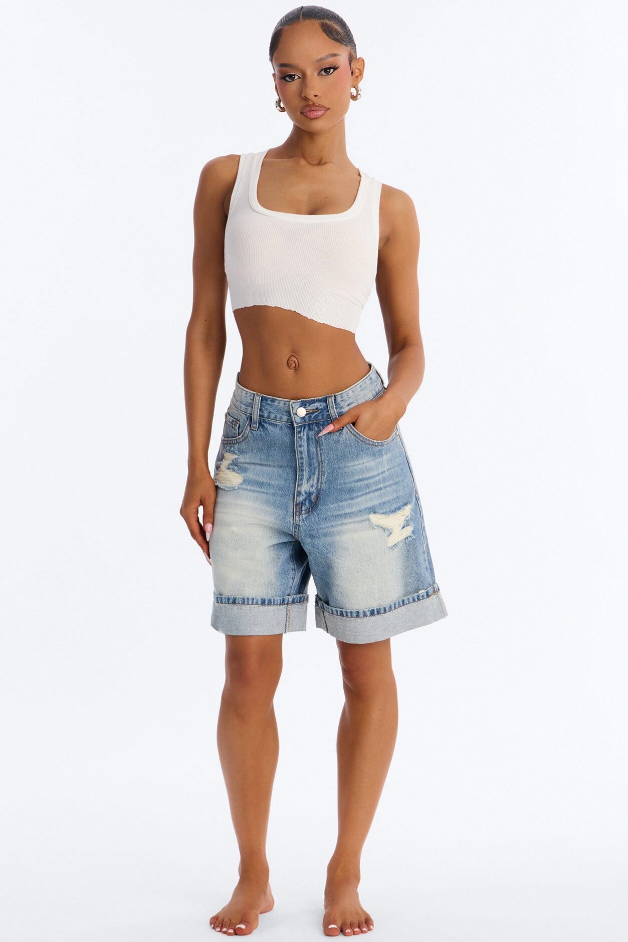 Trust Me Cuffed Denim Bermuda Shorts - Medium Wash