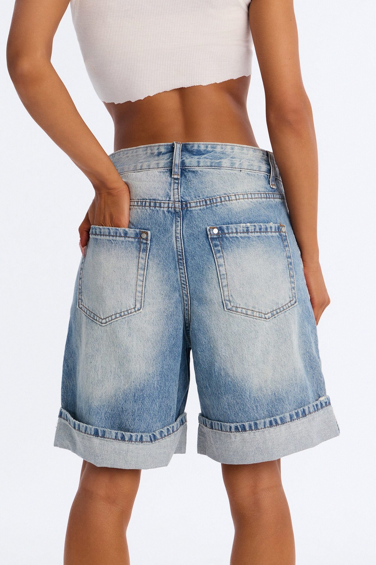 Trust Me Cuffed Denim Bermuda Shorts - Medium Wash