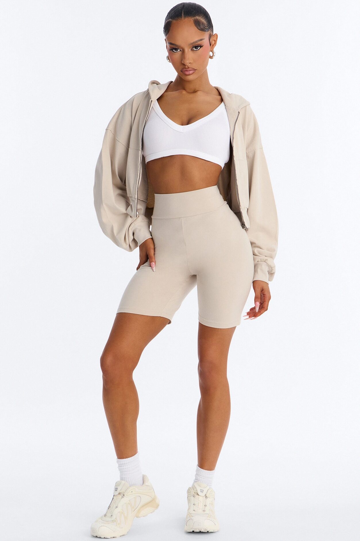 Quinn High Rise Everyday Cotton Biker Short 7″ - Stone