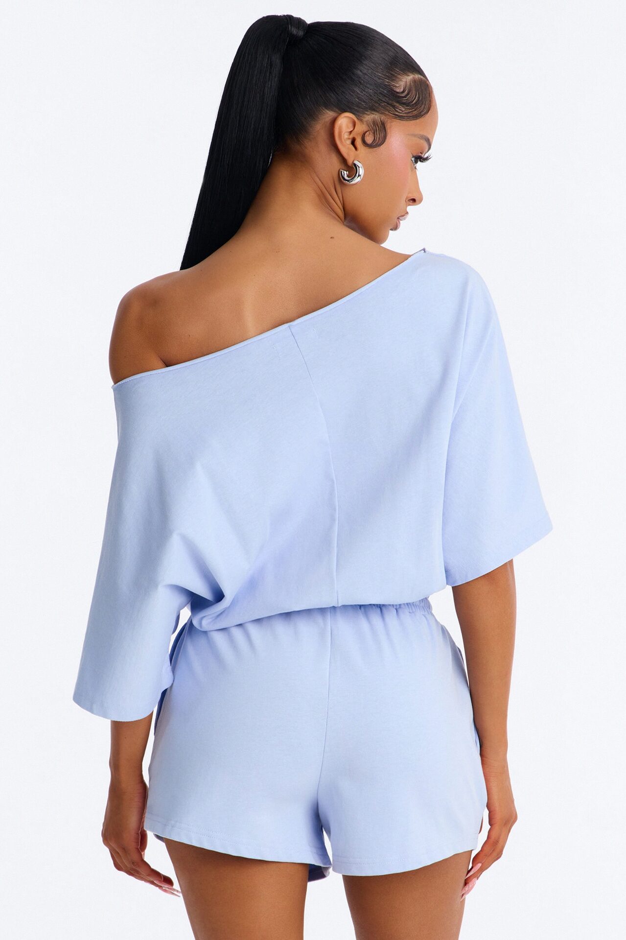 Sunday Dream Cotton Off Shoulder Romper - Dusty Blue