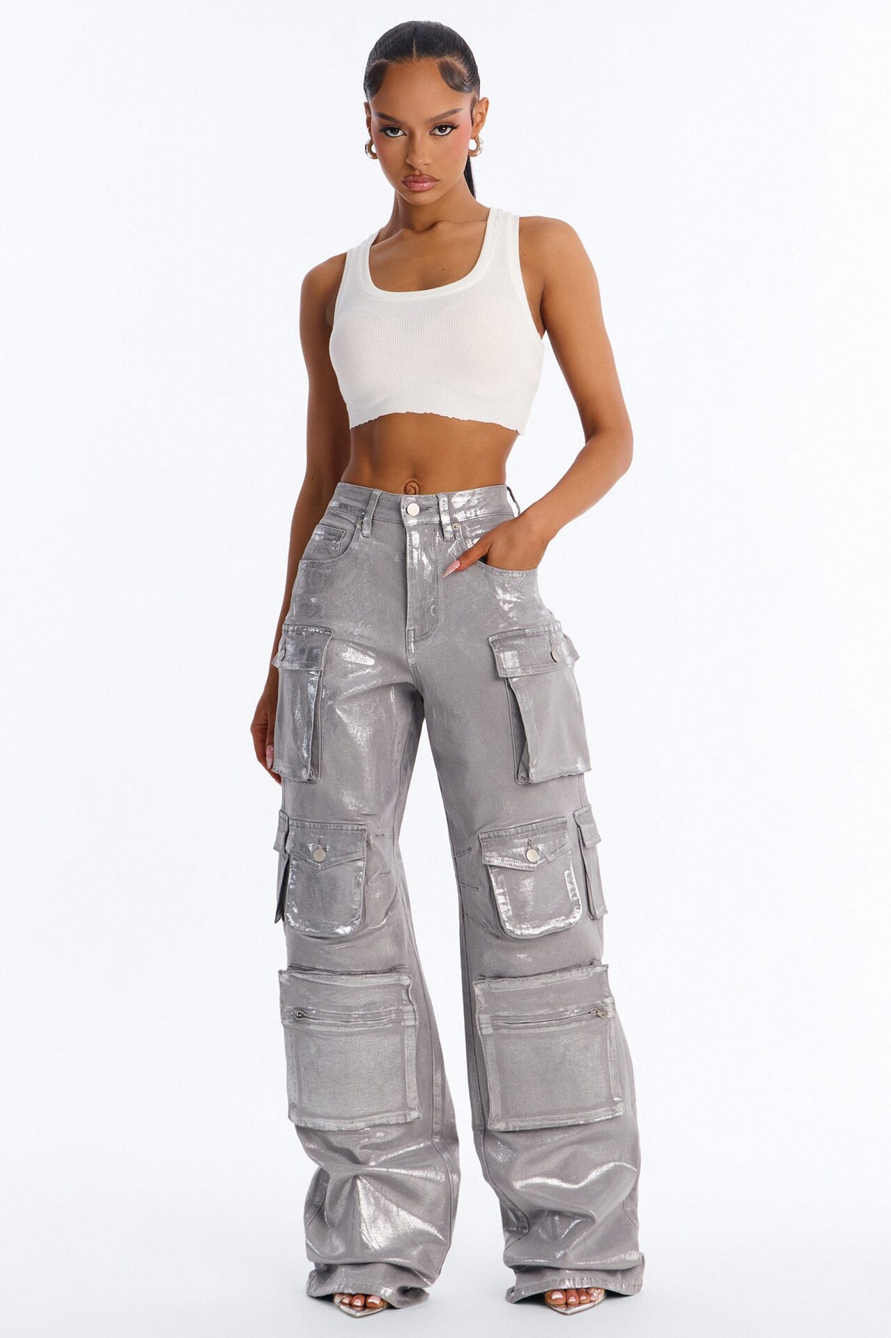 Tall Time To Shine Foil Baggy Cargo Jeans - Silver
