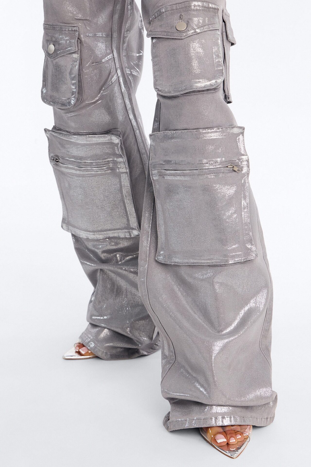 Tall Time To Shine Foil Baggy Cargo Jeans - Silver