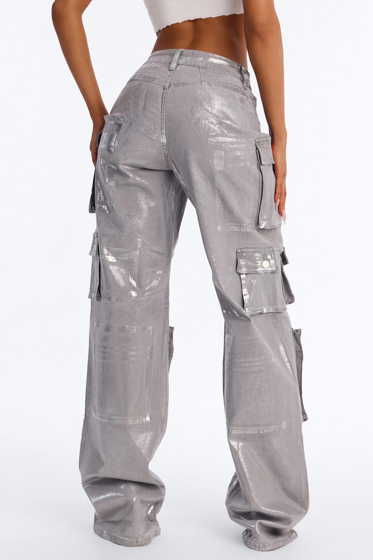 Tall Time To Shine Foil Baggy Cargo Jeans - Silver