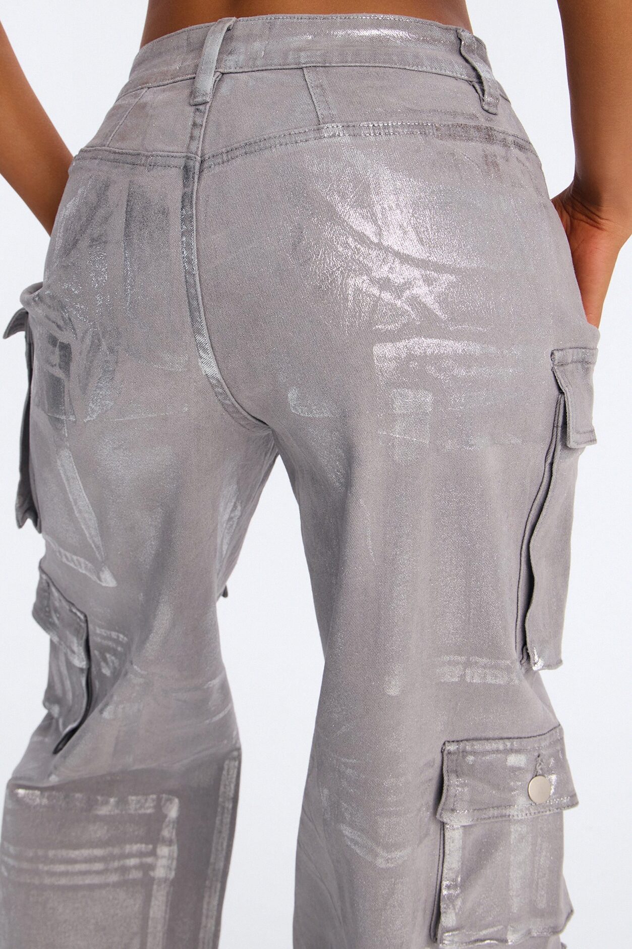 Tall Time To Shine Foil Baggy Cargo Jeans - Silver