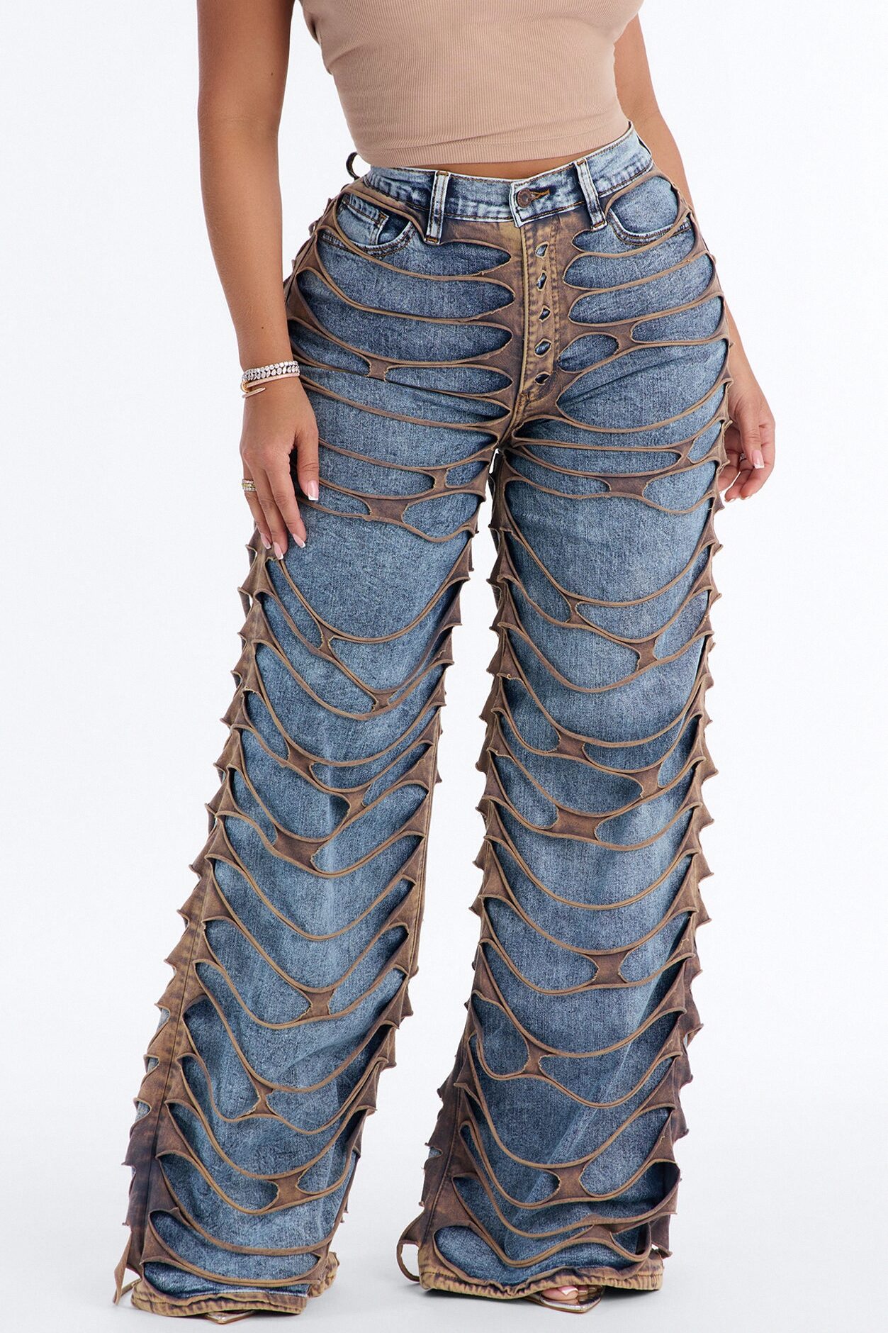 On Top Ripped Stretch Wide Leg Jeans - Medium Wash