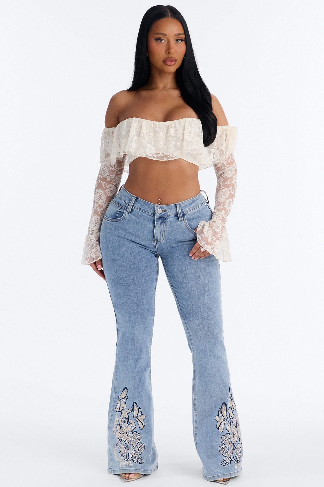Bless You Low Rise Embroidered Flare Jeans - Medium Wash