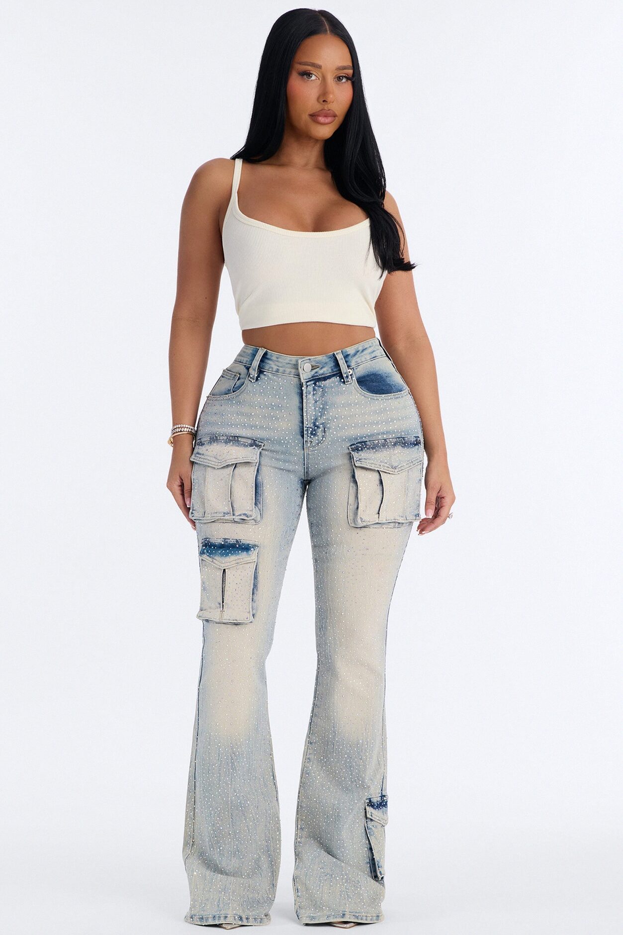 Reflections Embellished Cargo Flare Jeans - Light Wash