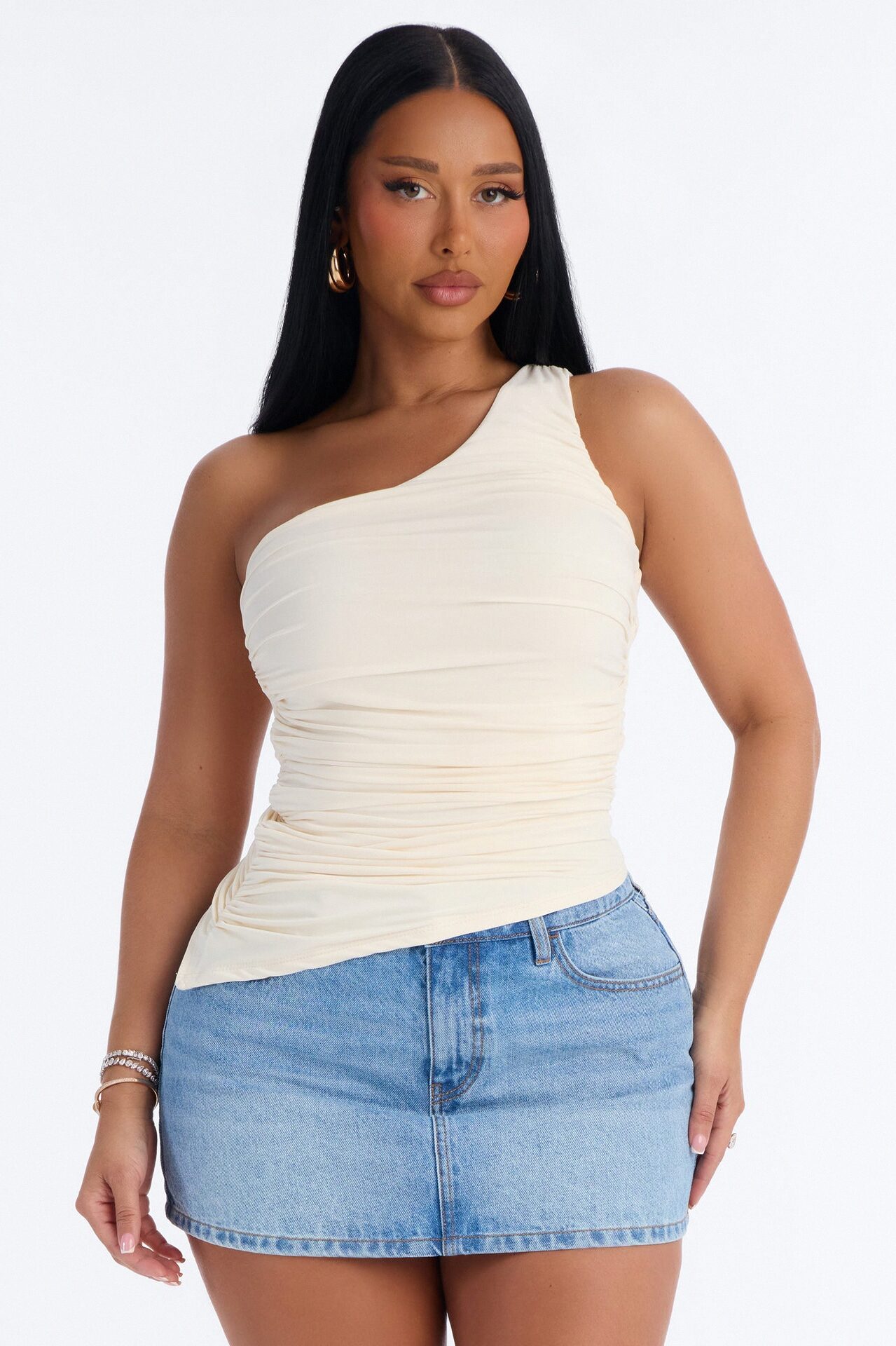 Khelani Asymmetrical Ruched One Shoulder Top - Bone