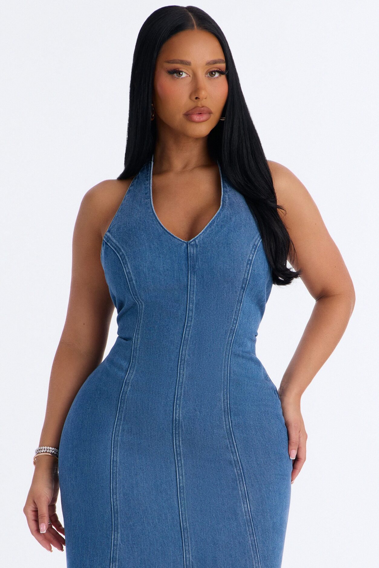 Zaira Halter Denim Maxi Dress - Medium Wash