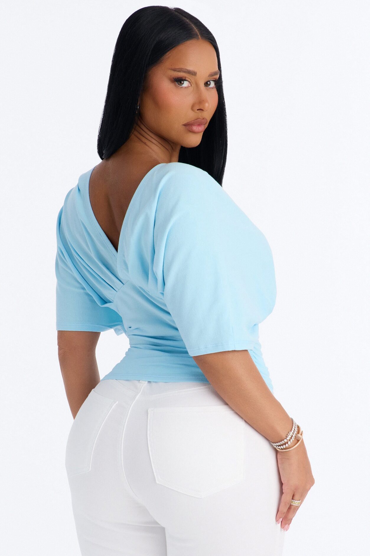 Taylor Cinched Waist Ruched Short Sleeve Top - Blue