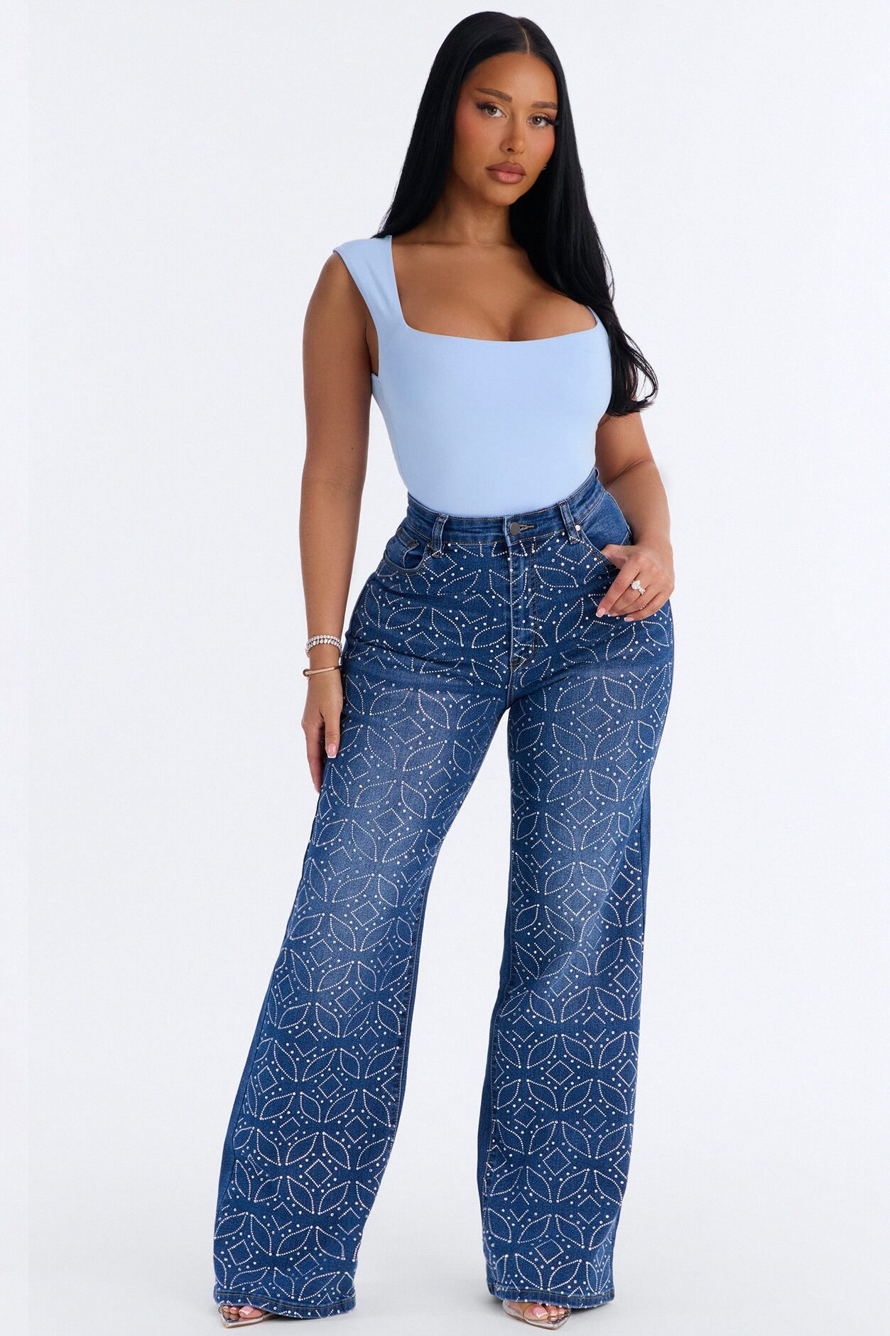 Austin Embellished High Rise Stretch Jeans - Medium Wash