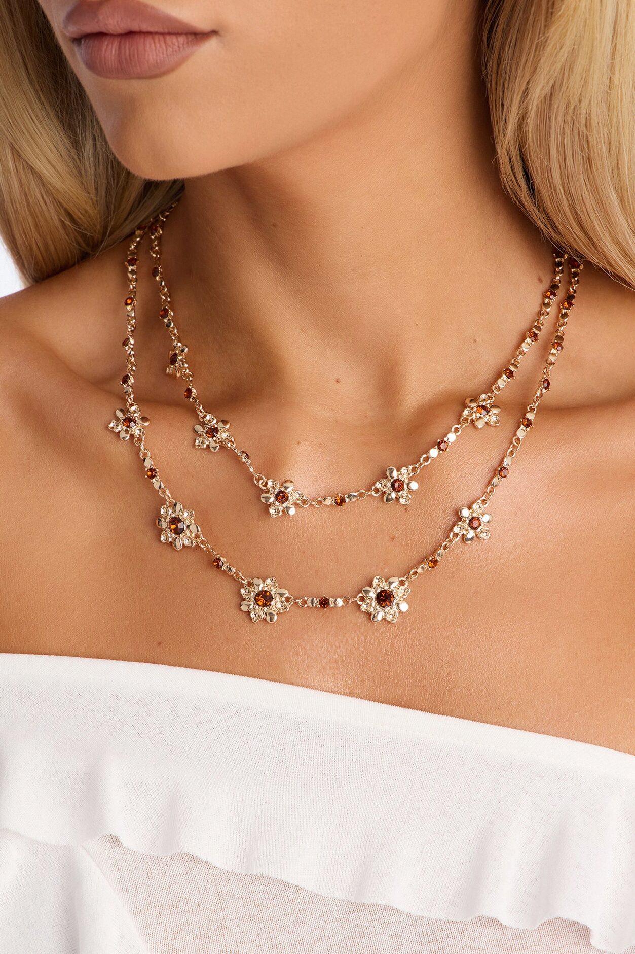 Tiny Treasures Rhinestone Layered Necklace - Gold/Brown