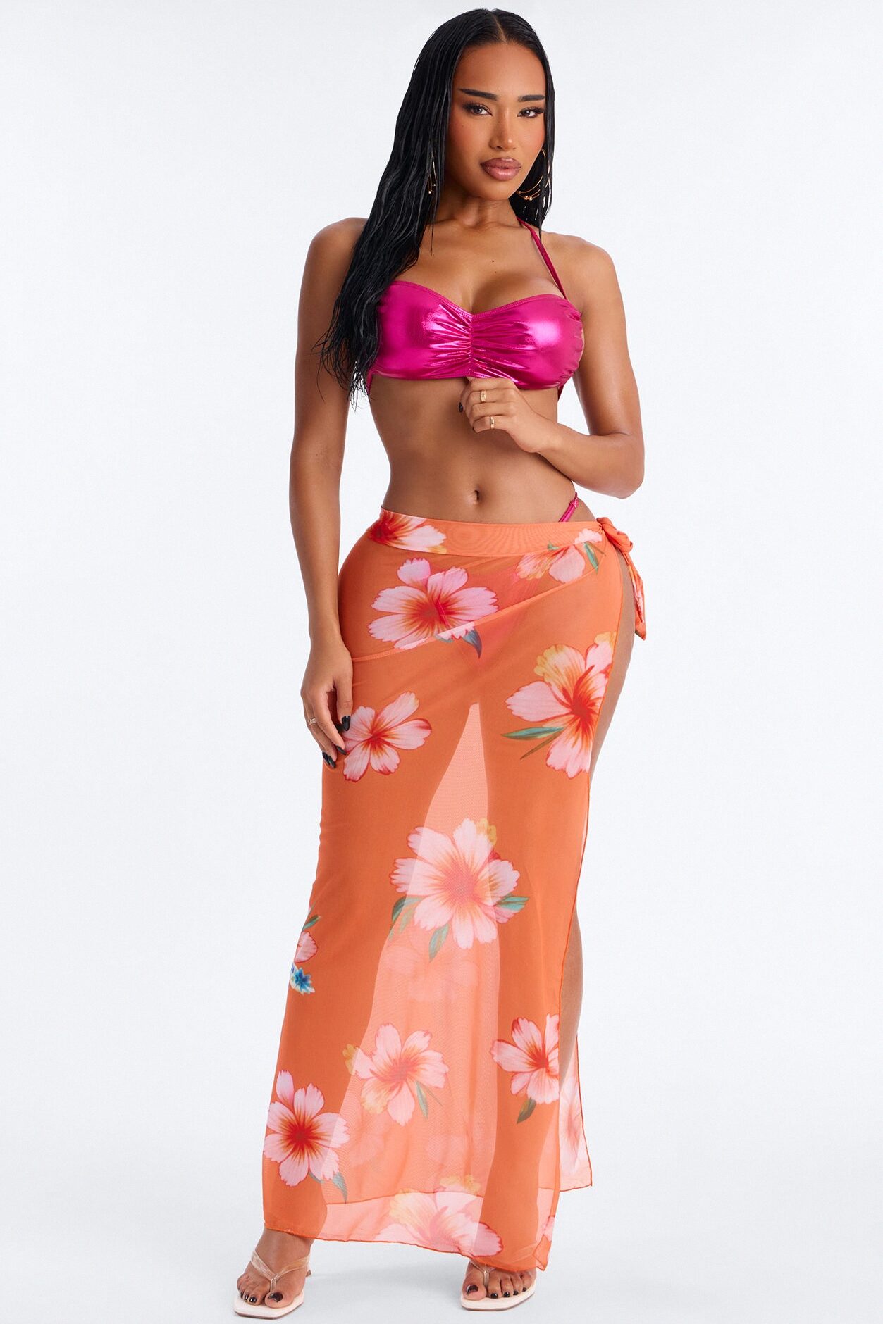 Serving Seaside Slay Metallic Bralette Bikini & Floral Cover Up Sarong Sunsuit - Pink/combo