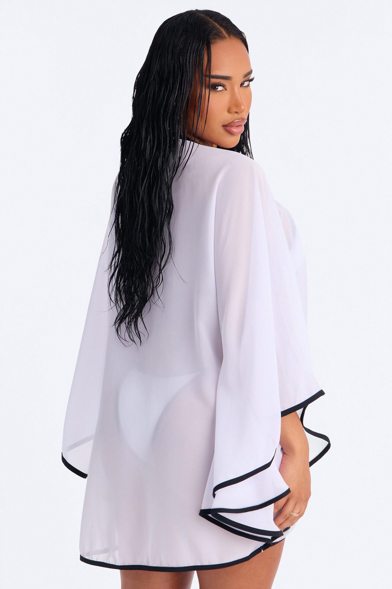 Risky Dip 3 Piece Triangle Bikini & Cover Up Kimono Sunsuit - White/Black
