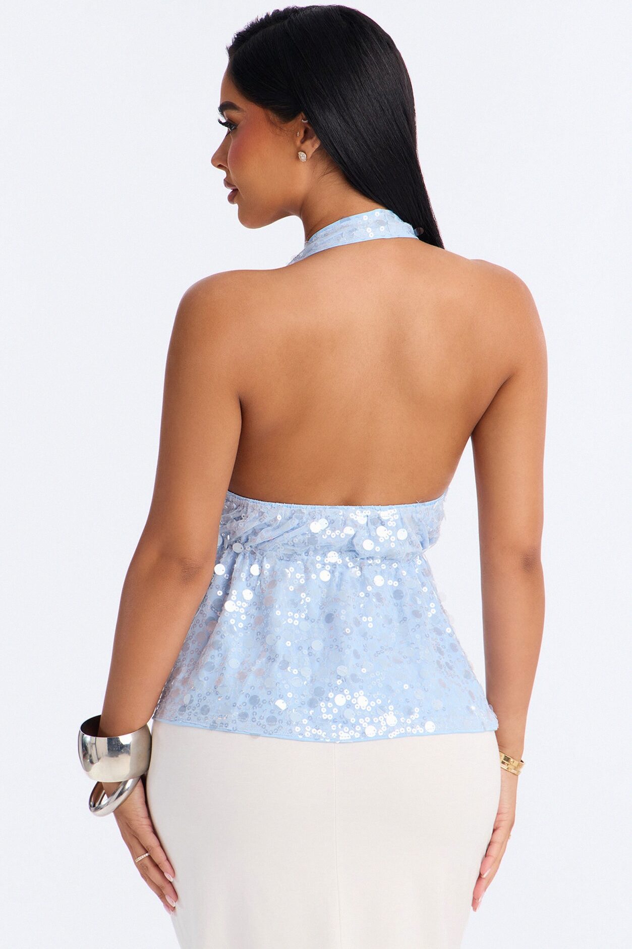 Cerafina Sequin Halter Flyaway Top - SkyBlue