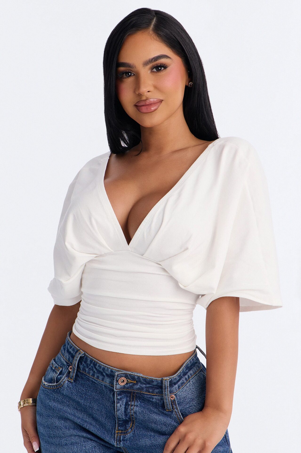 Taylor Cinched Waist Ruched Short Sleeve Top - White