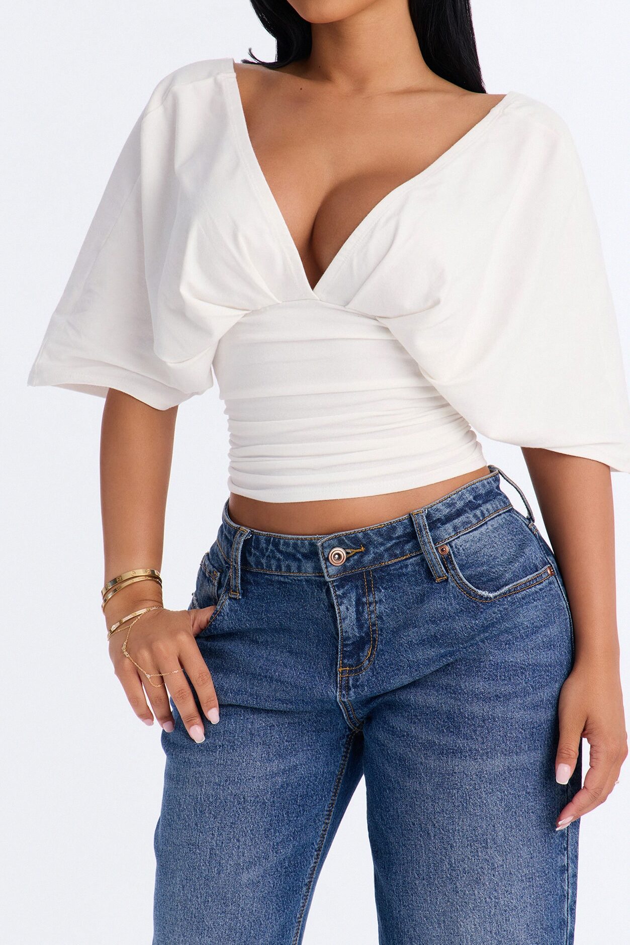 Taylor Cinched Waist Ruched Short Sleeve Top - White