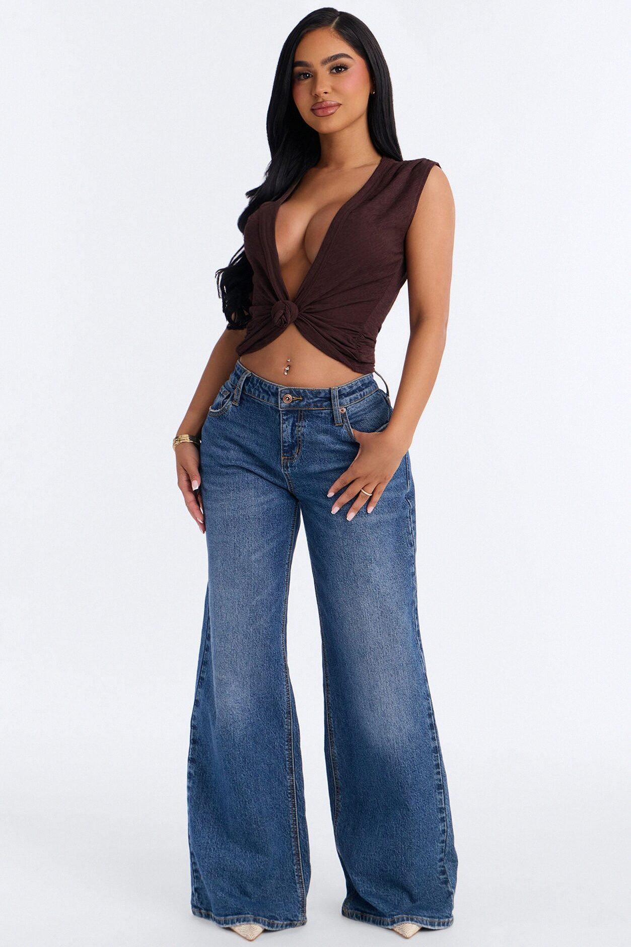 Selena Textured Deep V-Neck Knot Top - Brown