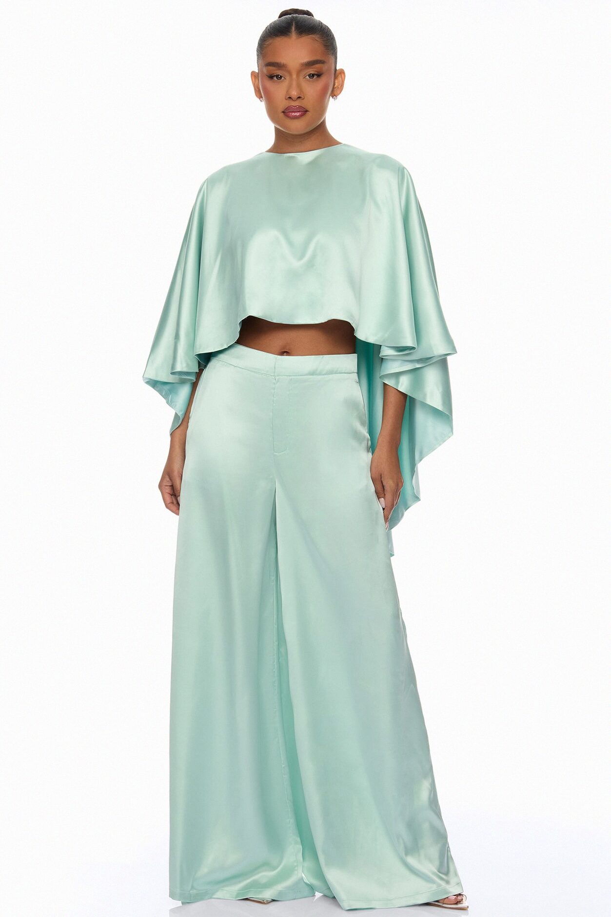 Zarah Draped Satin Pant Set - Mint