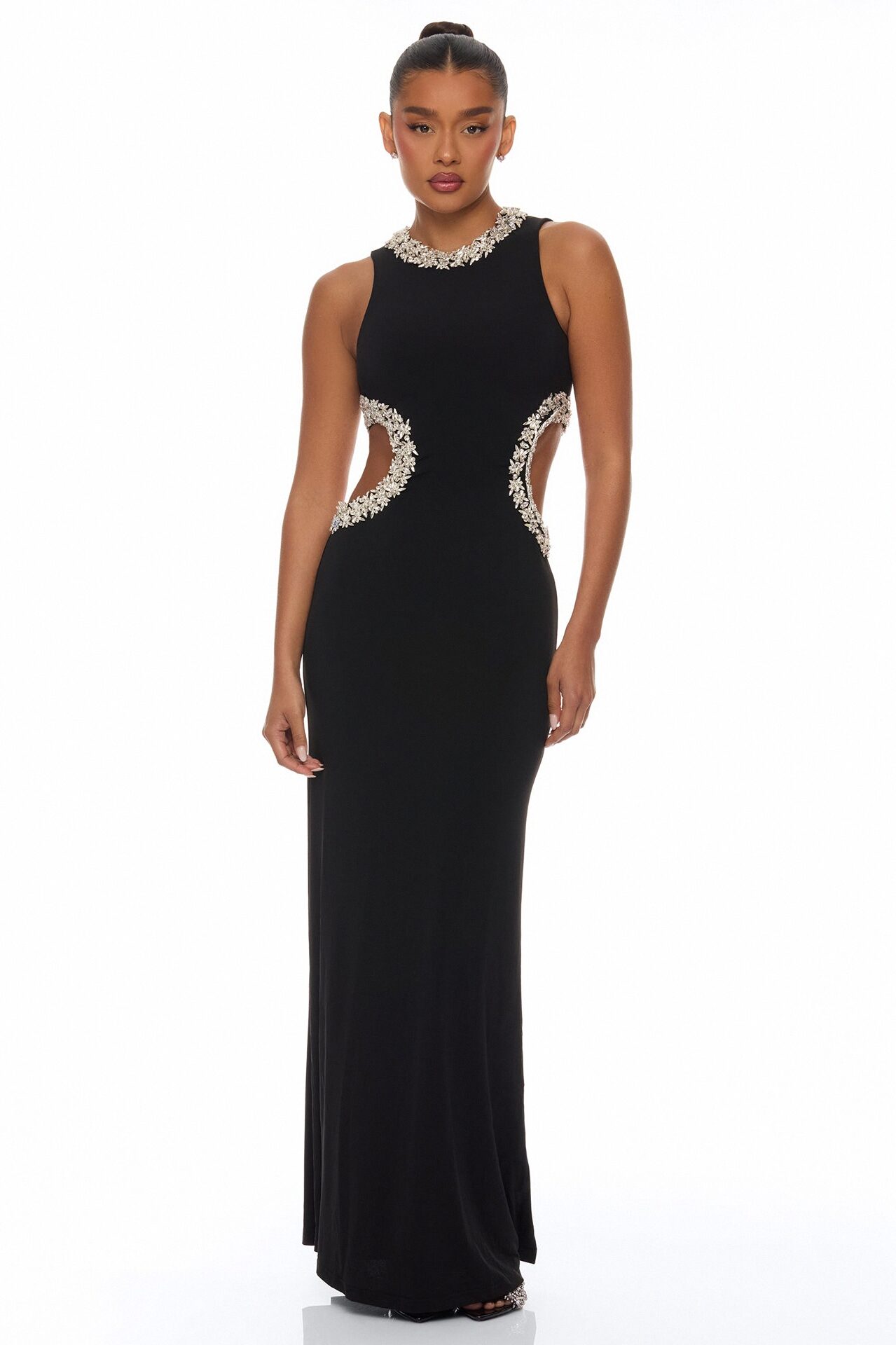 Kaylea Cut Out Rhinestone Maxi Dress - Black