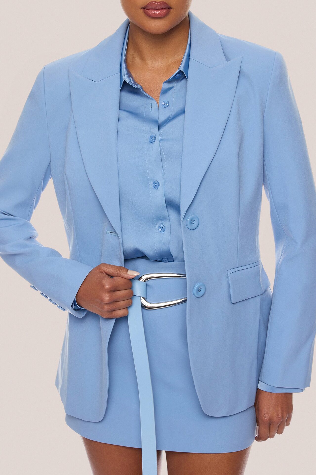 Raelynn 3 Piece Blazer Skirt Set - Dusty Blue