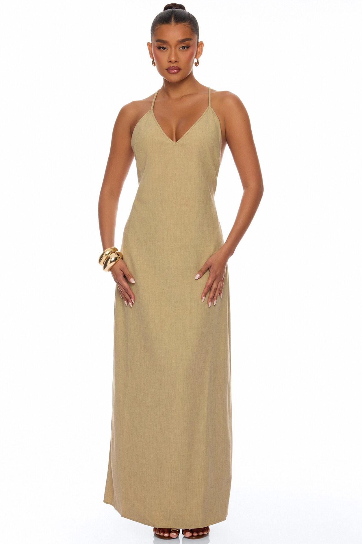 Zelara Beaded Backless Maxi Dress - Khaki