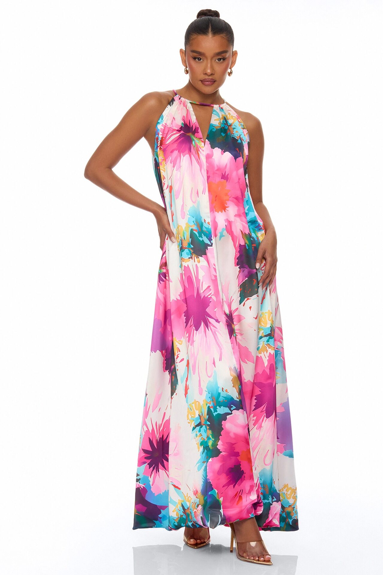 Trinity Kaftan Satin Maxi Dress - Pink/combo