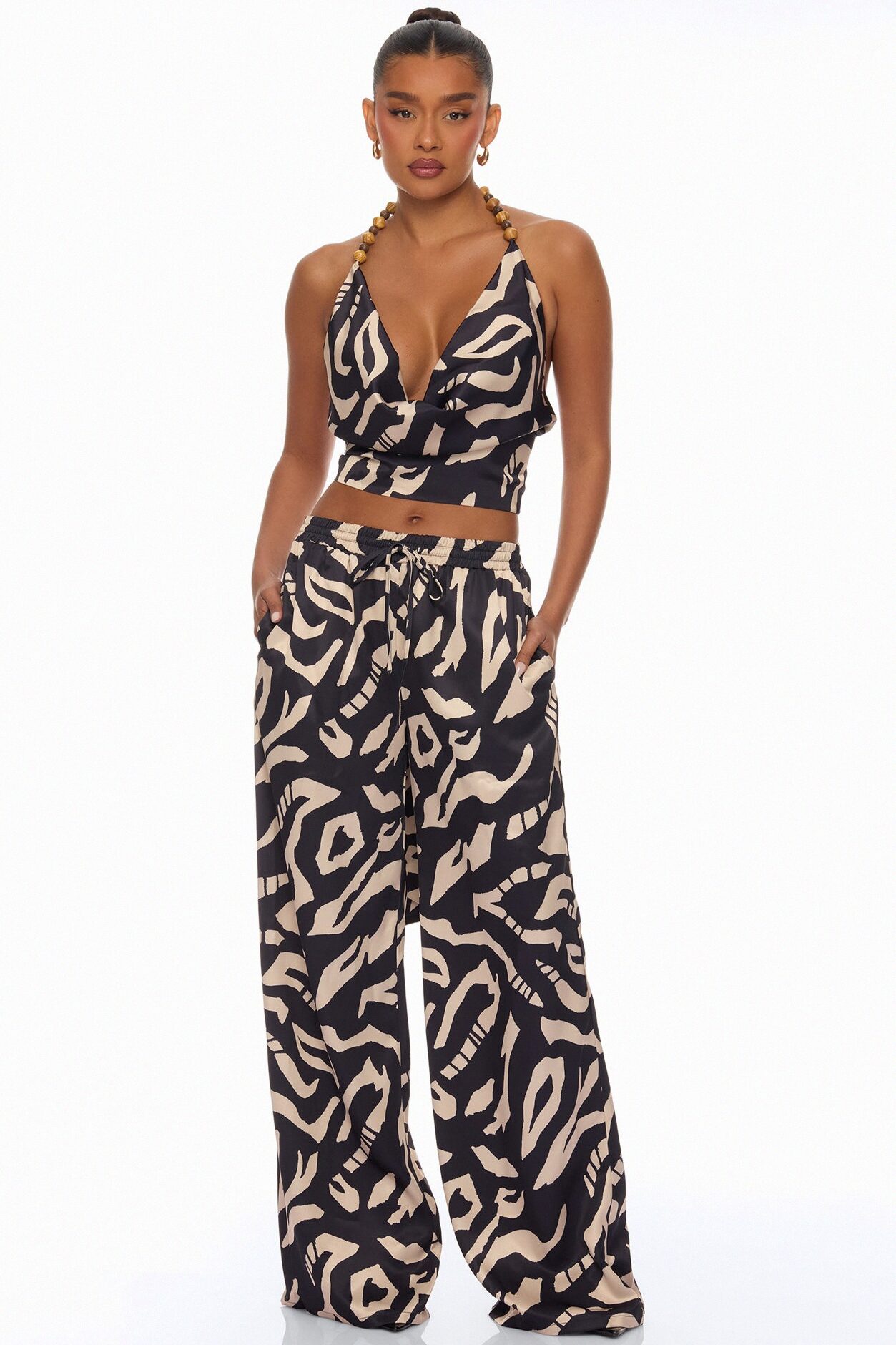On The Coast Satin Pant Set - Black/combo