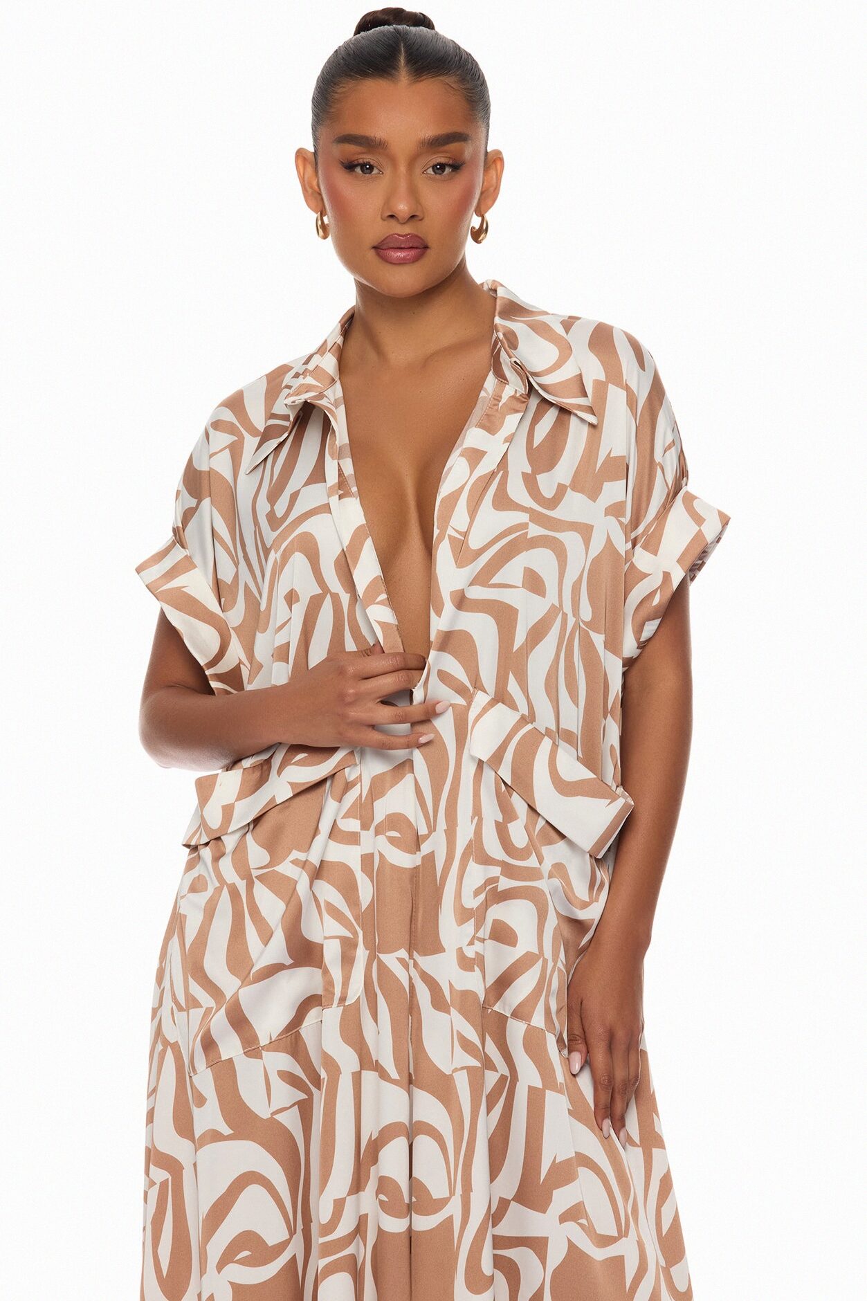 Keep It Causal Wide Leg Satin Jumpsuit - Taupe/combo