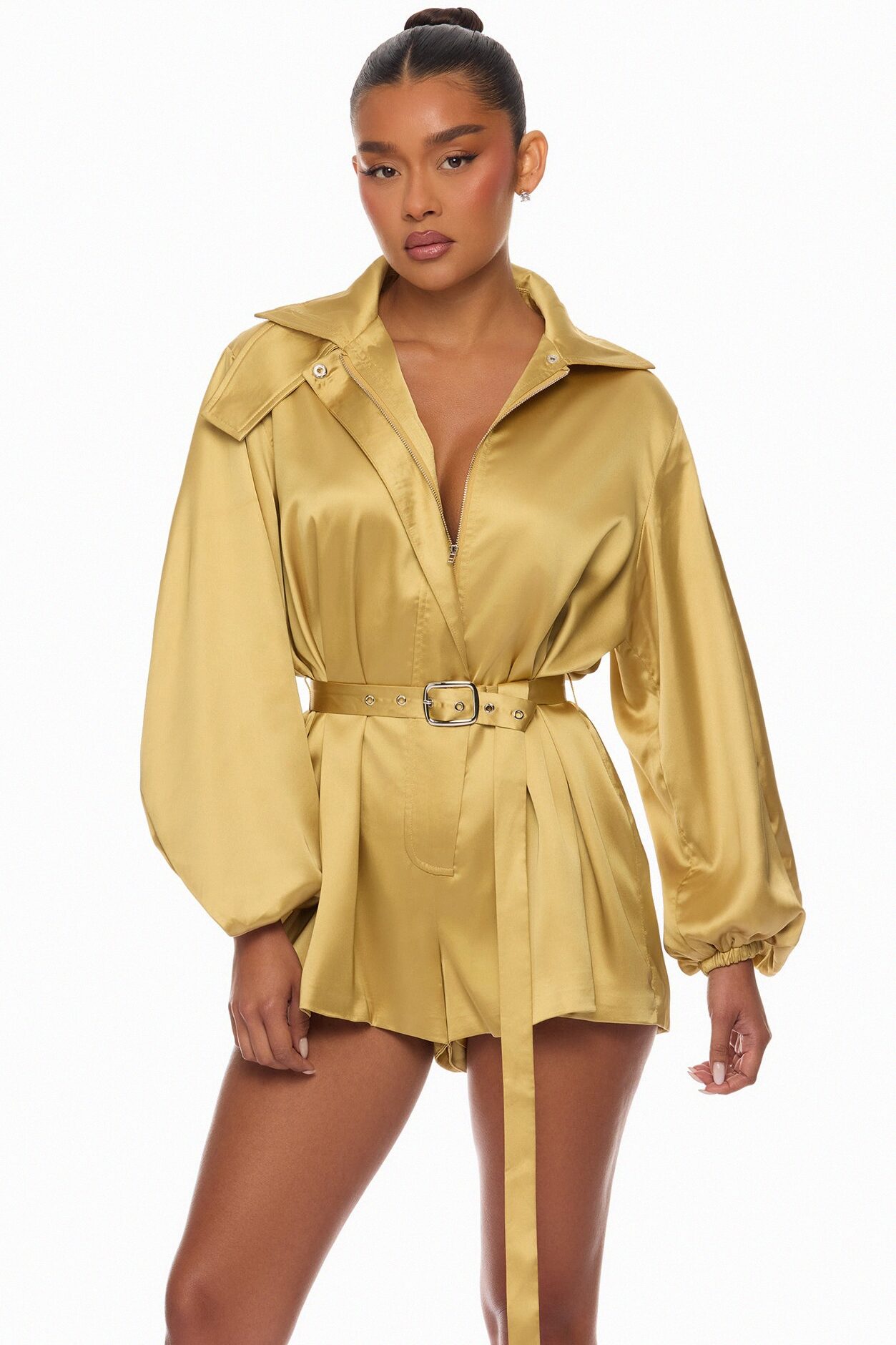 Izabel Balloon Sleeve Satin Romper - Gold