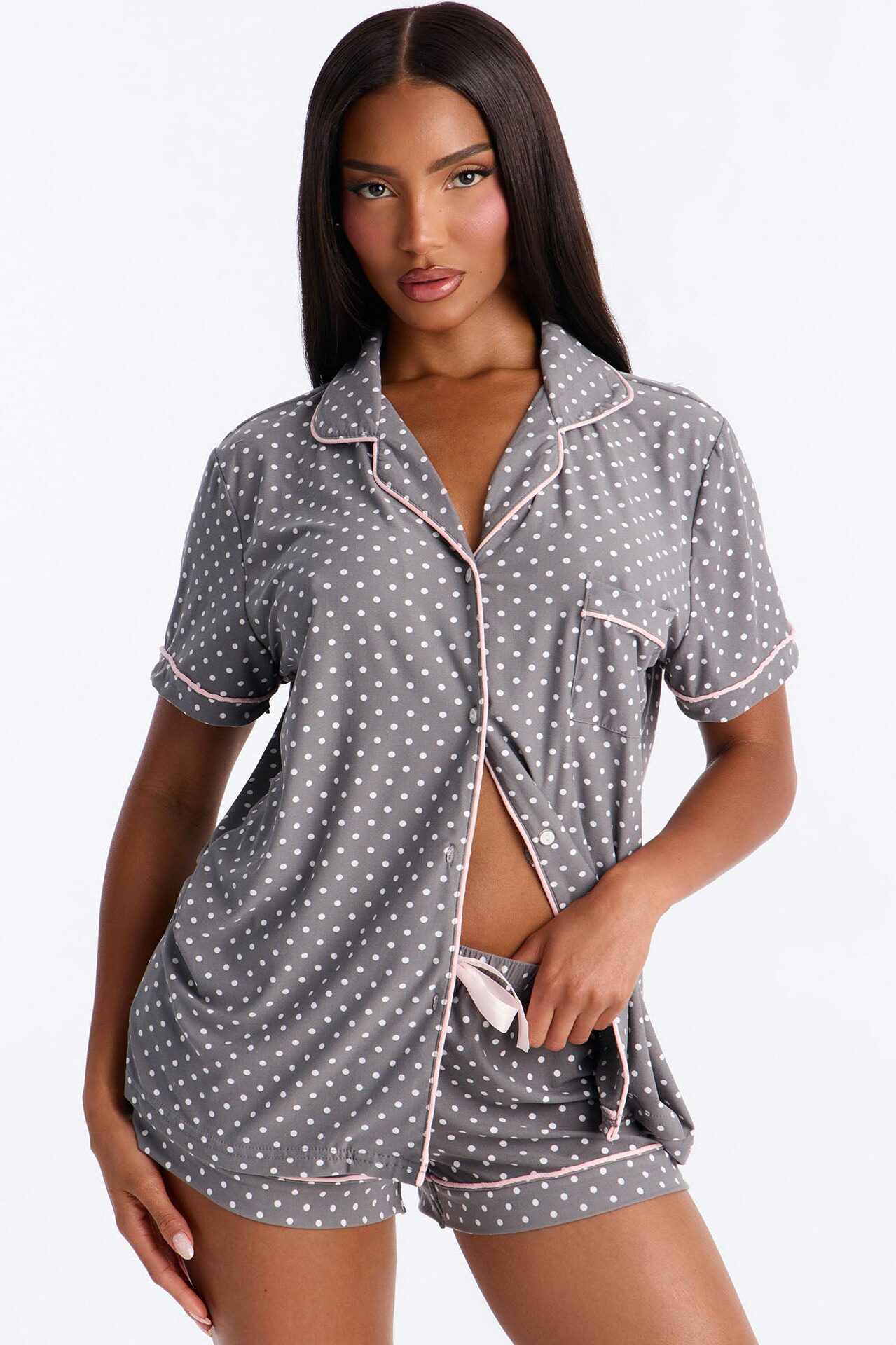 Pretty In Polka Dots 2pc PJ Short Set - Grey/combo