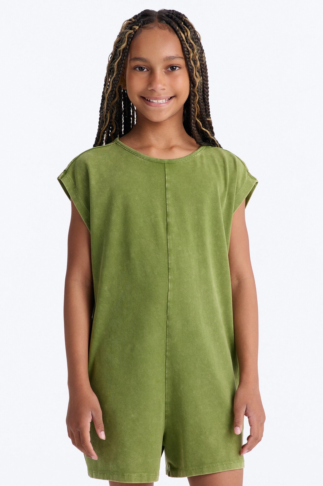Mini The Washed Cap Sleeve Romper - Sage
