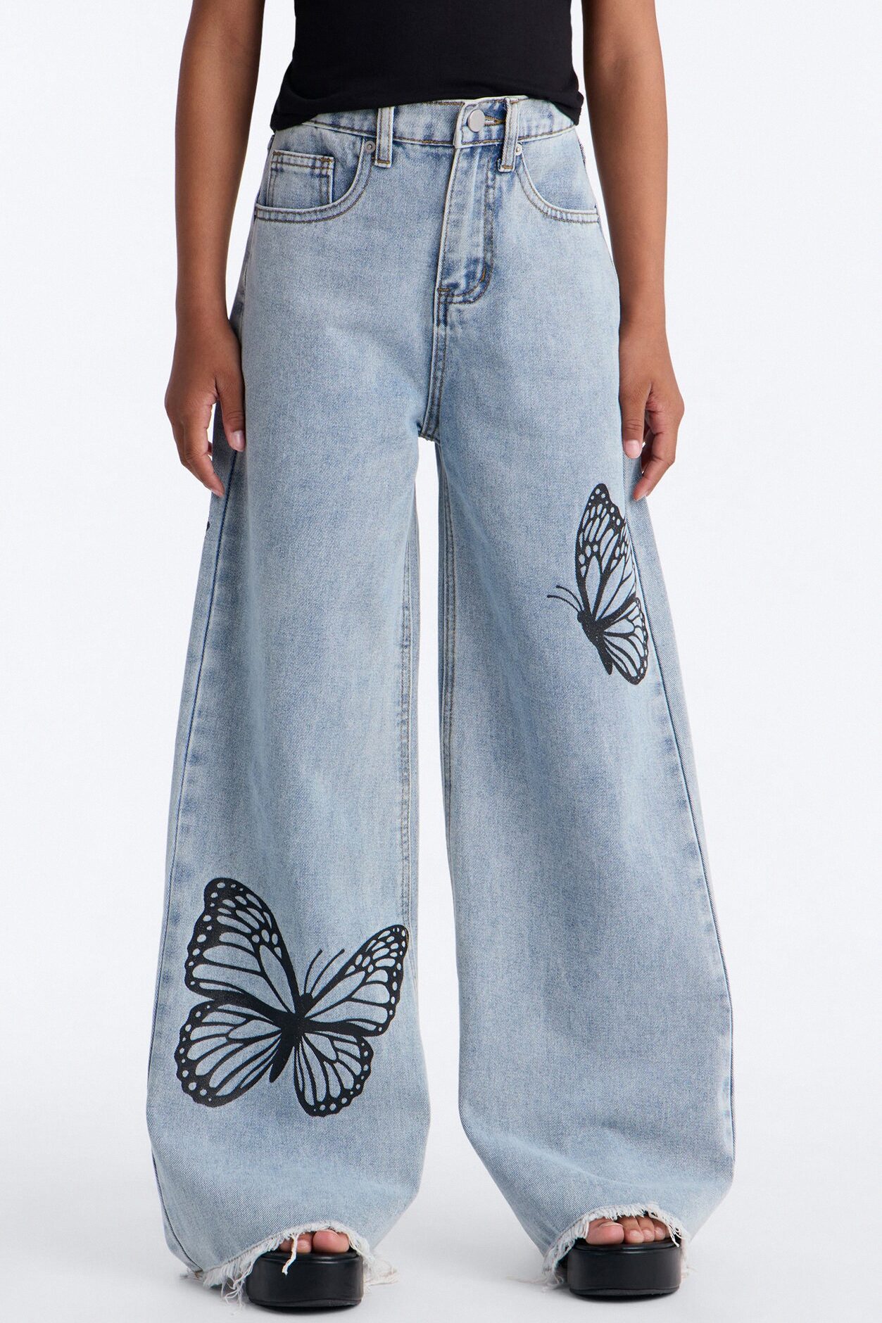 Mini Beautiful Butterflies Wide Leg Jeans - Light Wash