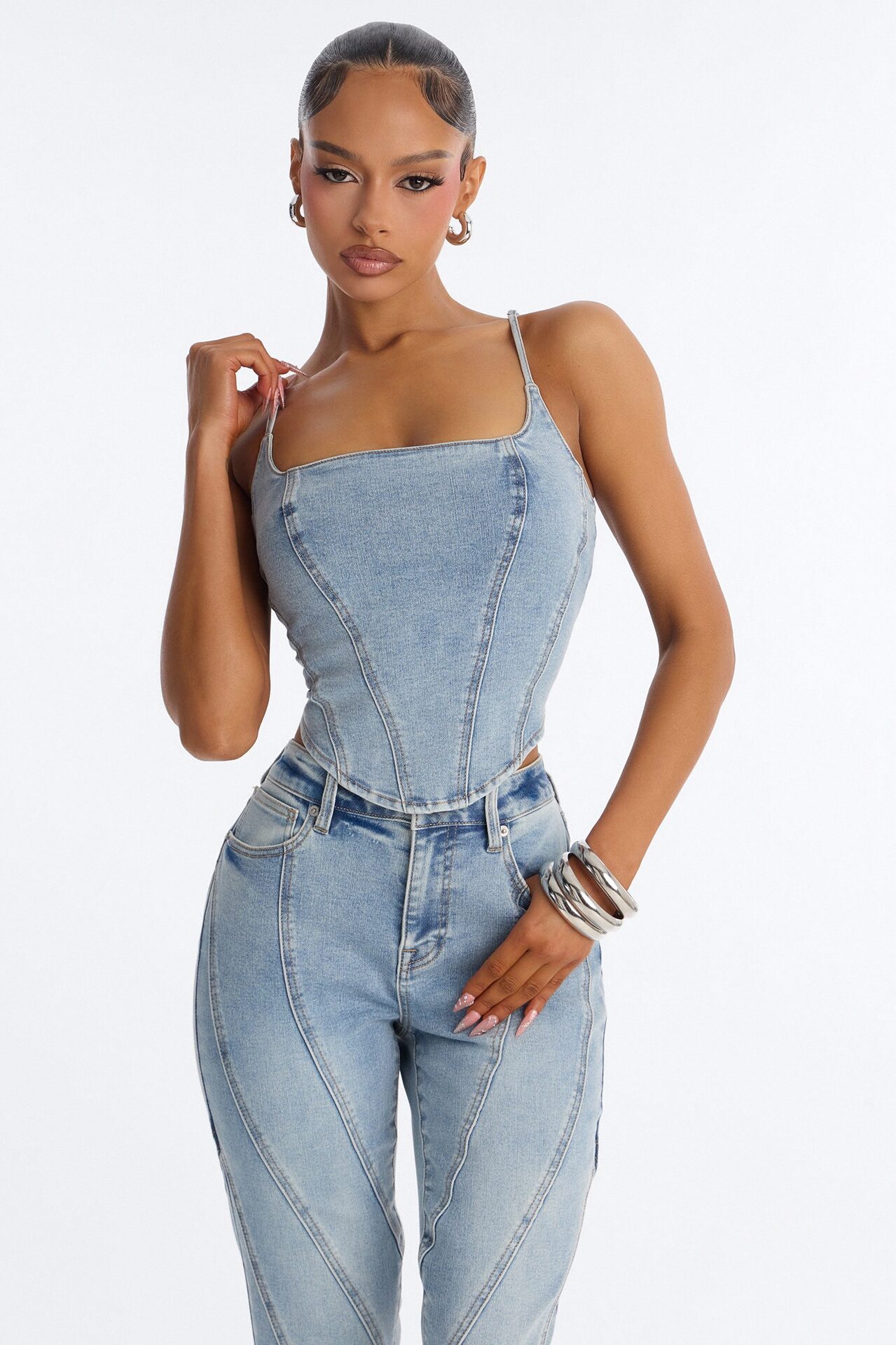 Metro Muse Denim Pant Set - Light Wash