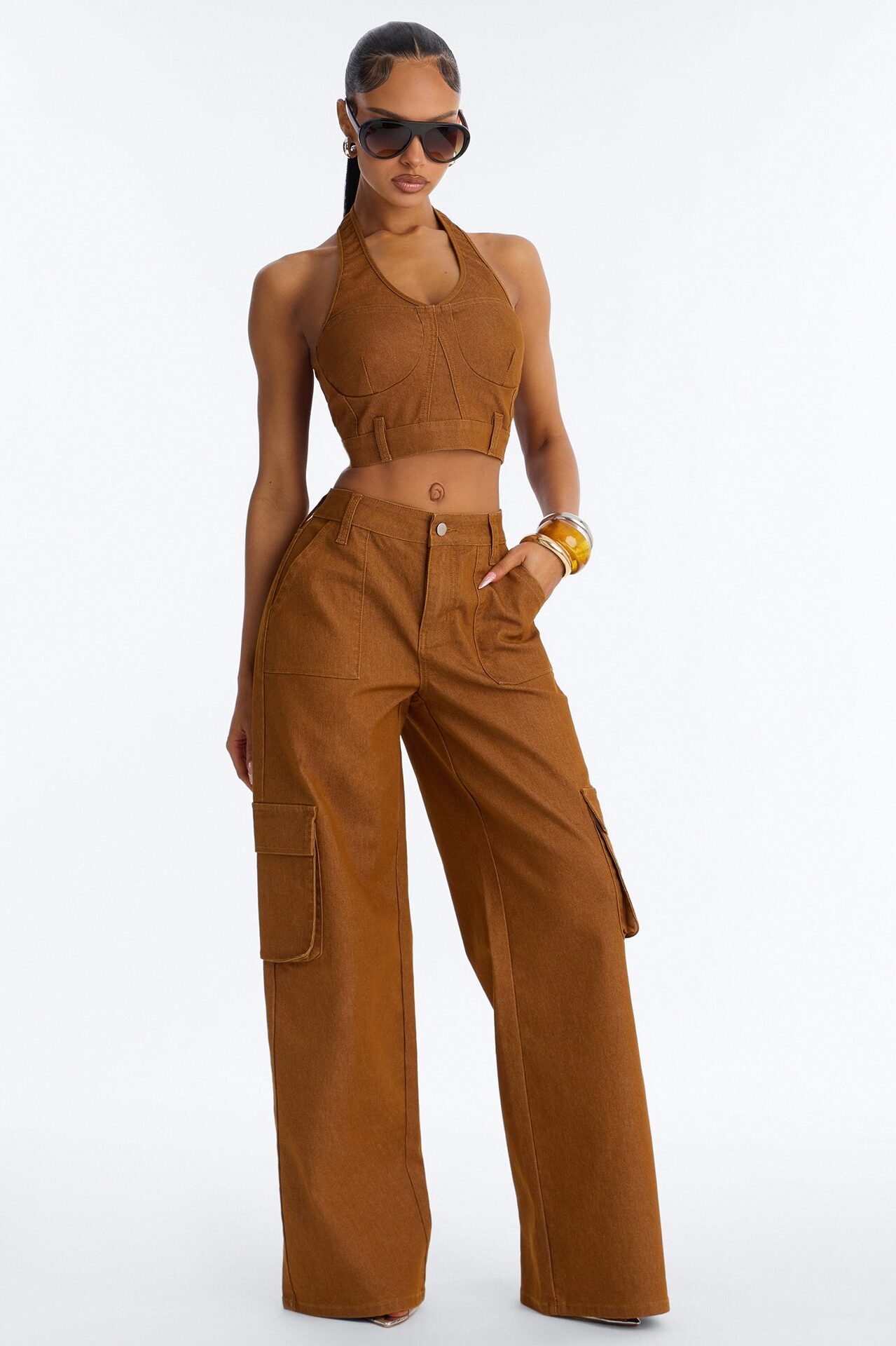 Kenia Halter Cargo Pant Set - Brown
