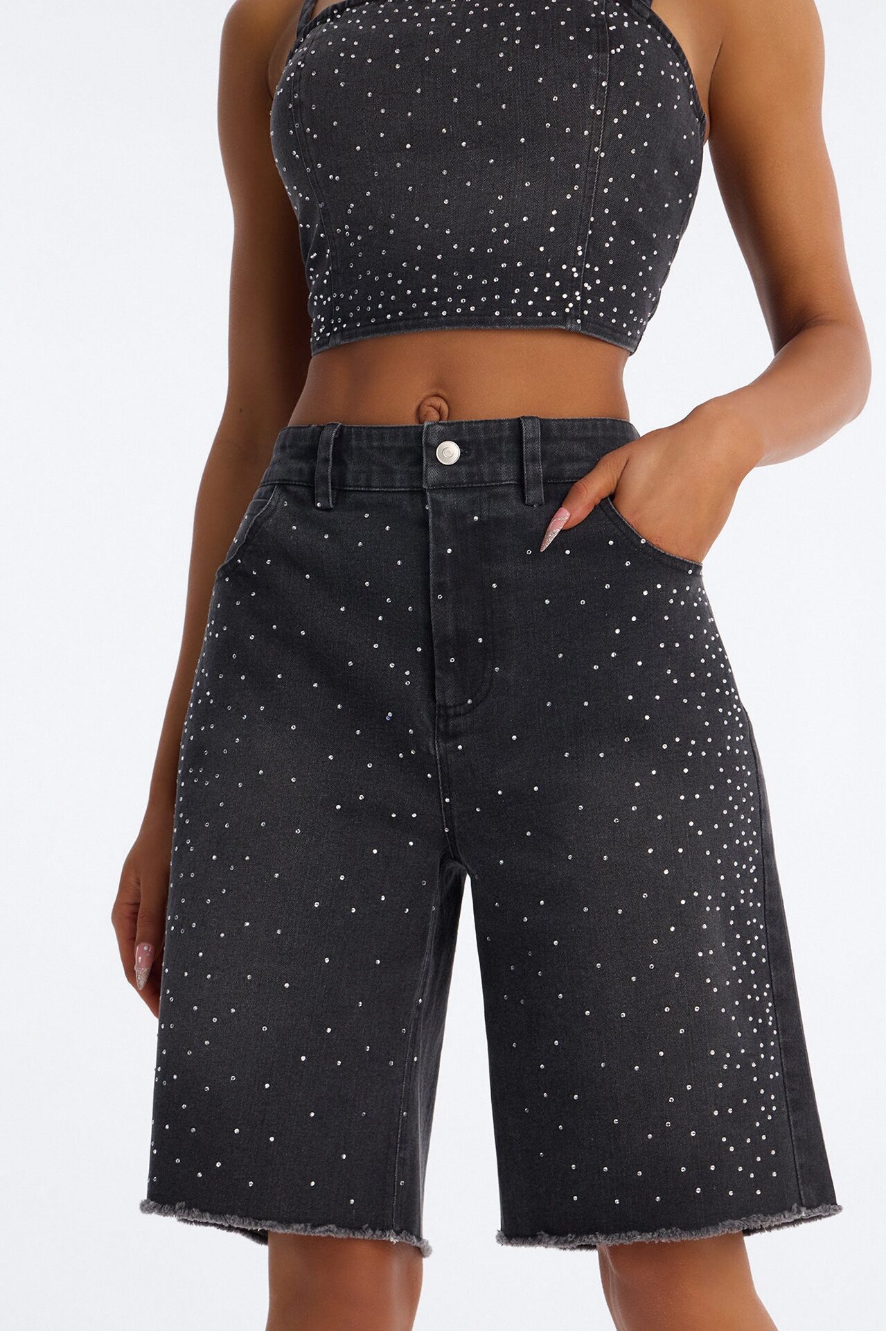 Breanna Rhinestone Denim Short Set - Black Wash